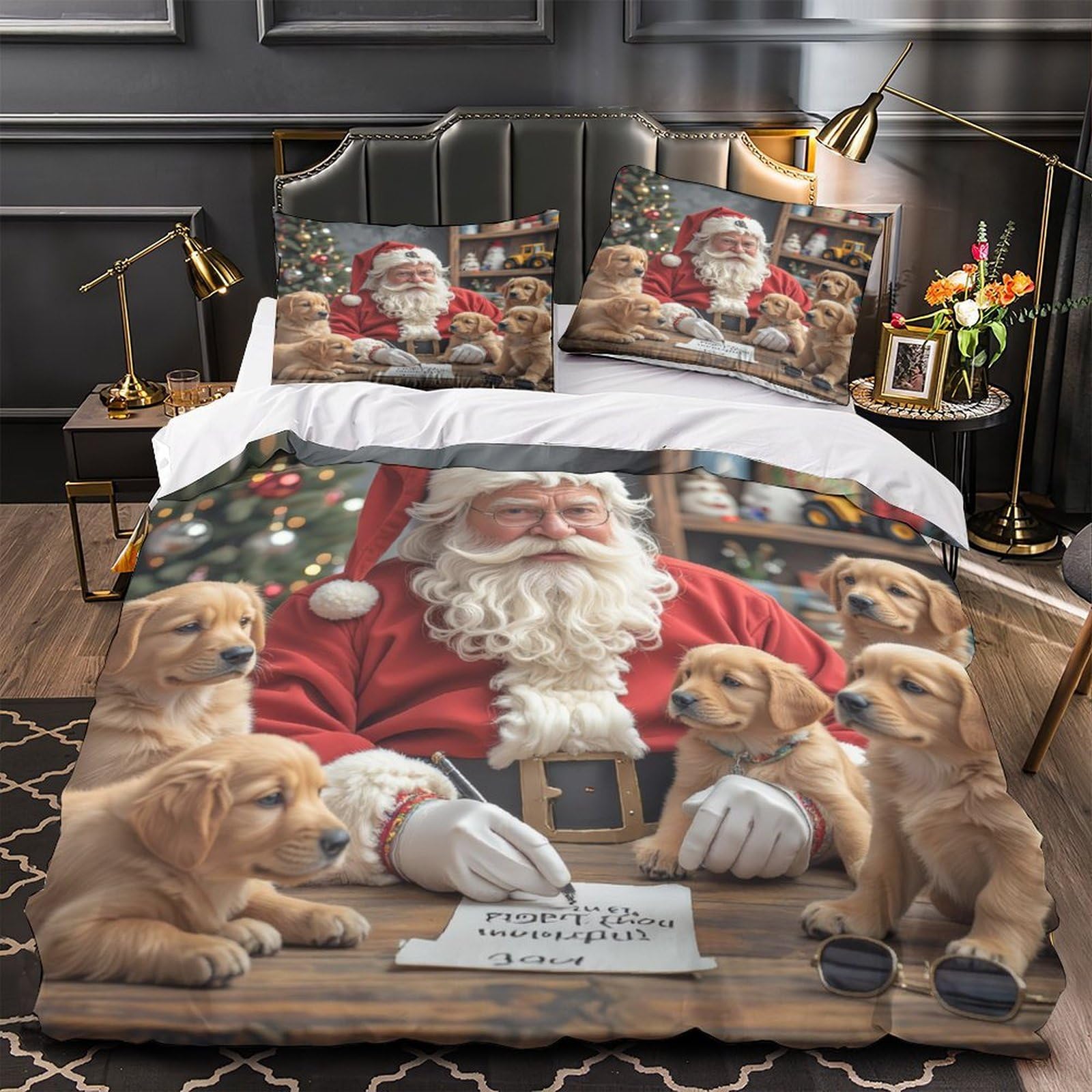 Parure de lit Noël festive pour chambre d'enfant et garçon motif chiots et Père Noël