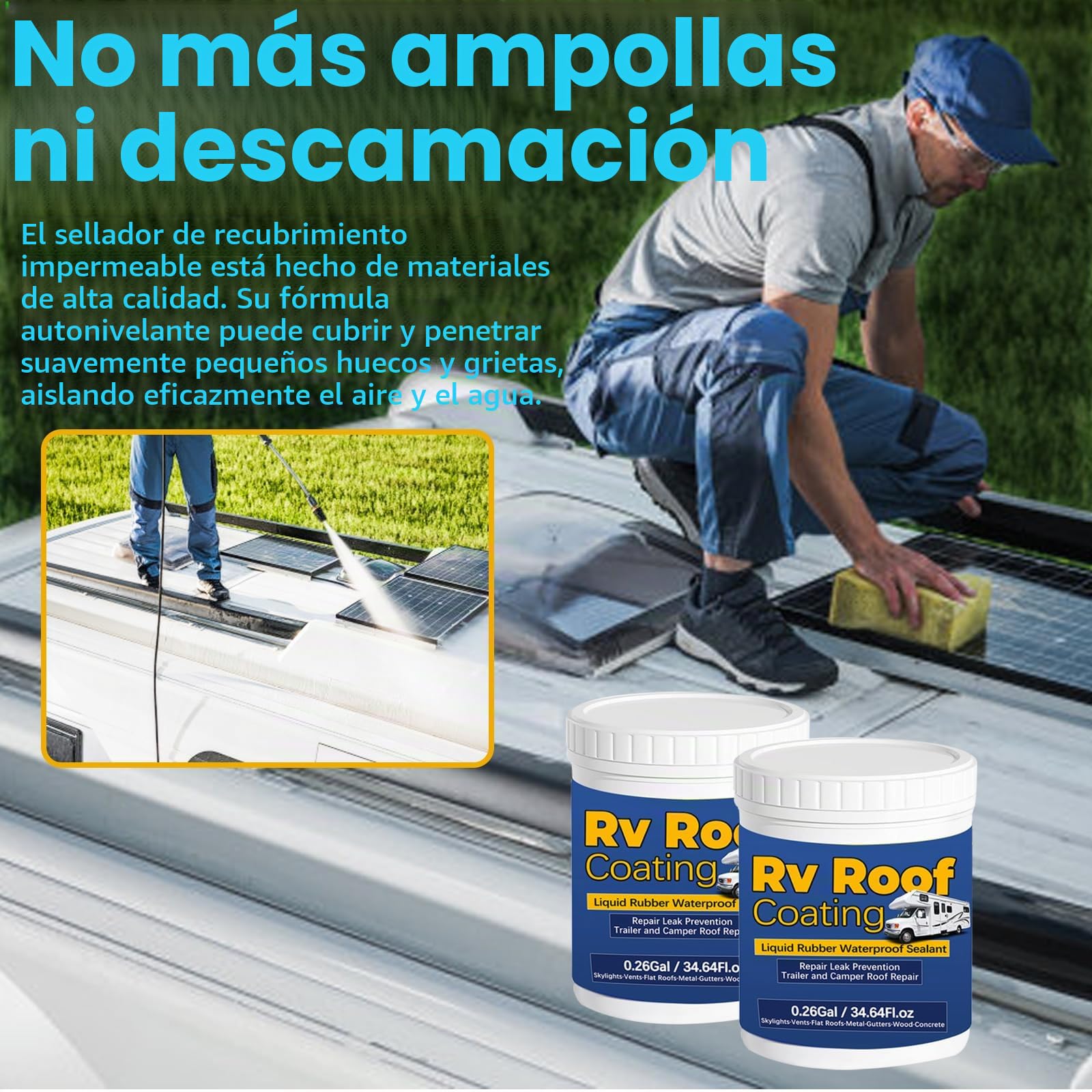 0.52Gal/69.28Fl.oz Blanco Sellador Impermeable Goma Líquida Rv Revestimiento de Techo Camper Reparación de Techo Solar Reflectante Cepillo de Madera Masilla Cuchillo Nitrilo Guantes Rodillo Drywall