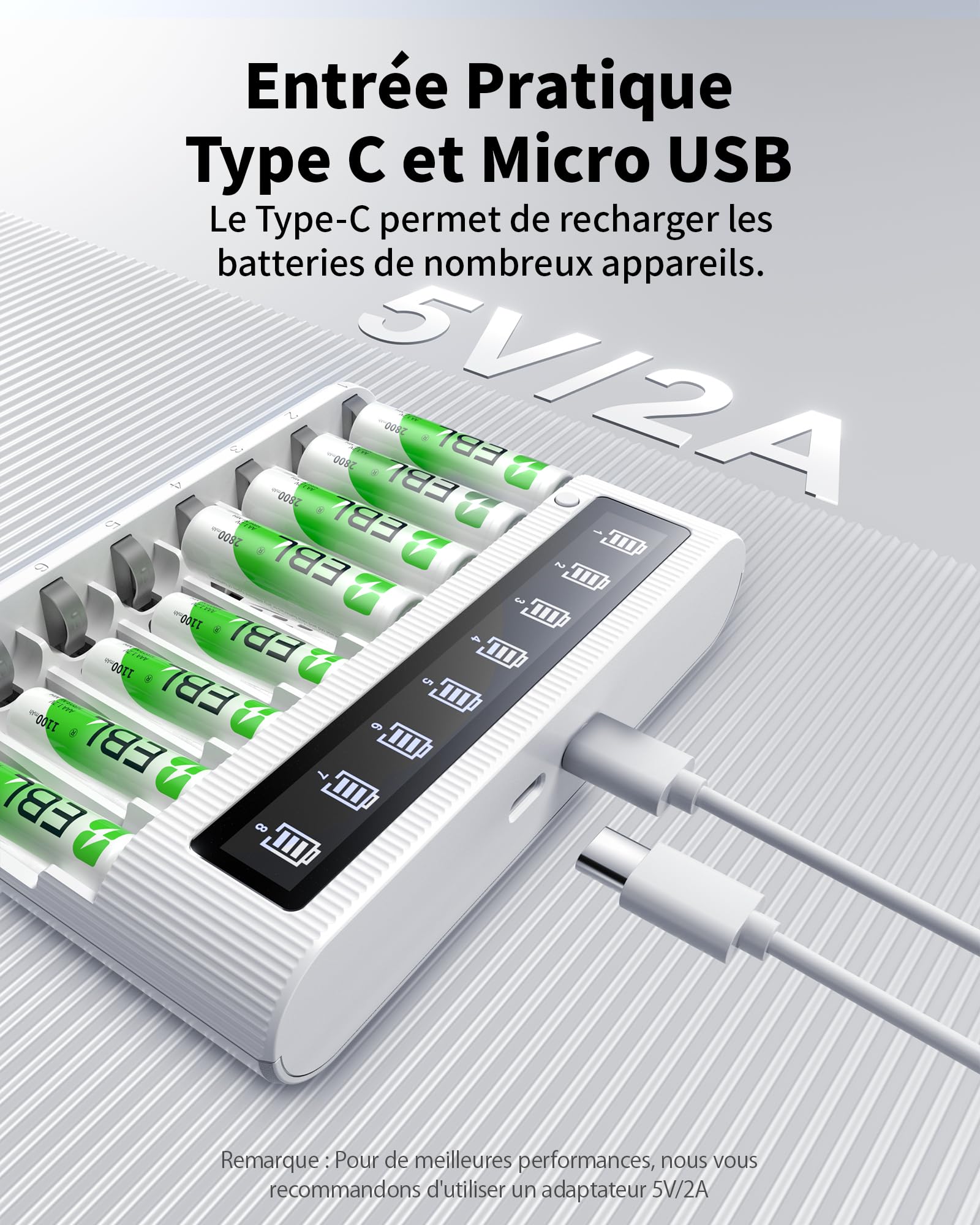 EBL LCD Chargeur de Piles Rechargeables- avec 4PCS AA 2800mAh et 4PCS AAA 1100mAh Piles Rechargeables, Charge Rapide 5V/2A, avec Fonction de Décharge