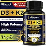 1 Year Bulk Vitamin D3 K2 High Potency 1000 IU D3 (25 mcg) / 120 mcg K2 (MK-7) - 350 Capsules Year Long Supply Vitamin D - Helps Maintain Bone & Teeth Health - Formulated With MK-7 Natto Bean For Best Results - Immune System Support - Made In Canada.