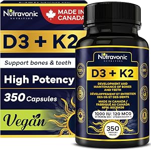 1 Year Bulk Vitamin D3 K2 High Potency 1000 IU D3 (25 mcg) / 120 mcg K2 (MK-7) - 350 Capsules Year Long Supply Vitamin D - Helps Maintain Bone & Teeth Health - Formulated With MK-7 Natto Bean For Best Results - Immune System Support - Made In Canada.