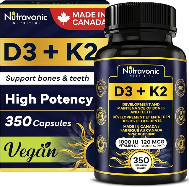 1 Year Bulk Vitamin D3 K2 High Potency 1000 IU D3 (25 mcg) / 120 mcg K2 (MK-7) - 350 Capsules Year Long Supply Vitamin D - Helps Maintain Bone & Teeth Health - Formulated With MK-7 Natto Bean For Best Results - Immune System Support - Made In Canada.