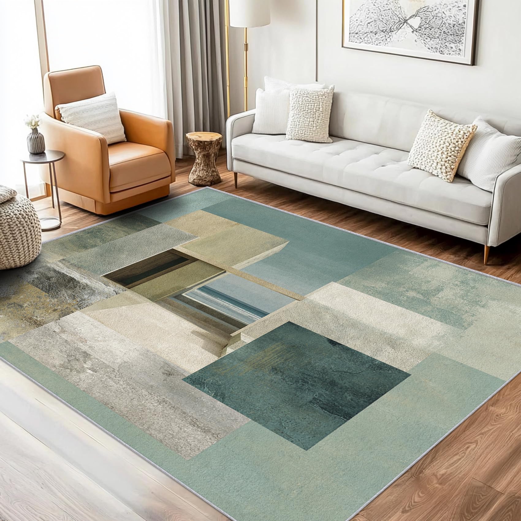 Grand tapis géométrique vert 180x200 lavable design scandinave salon