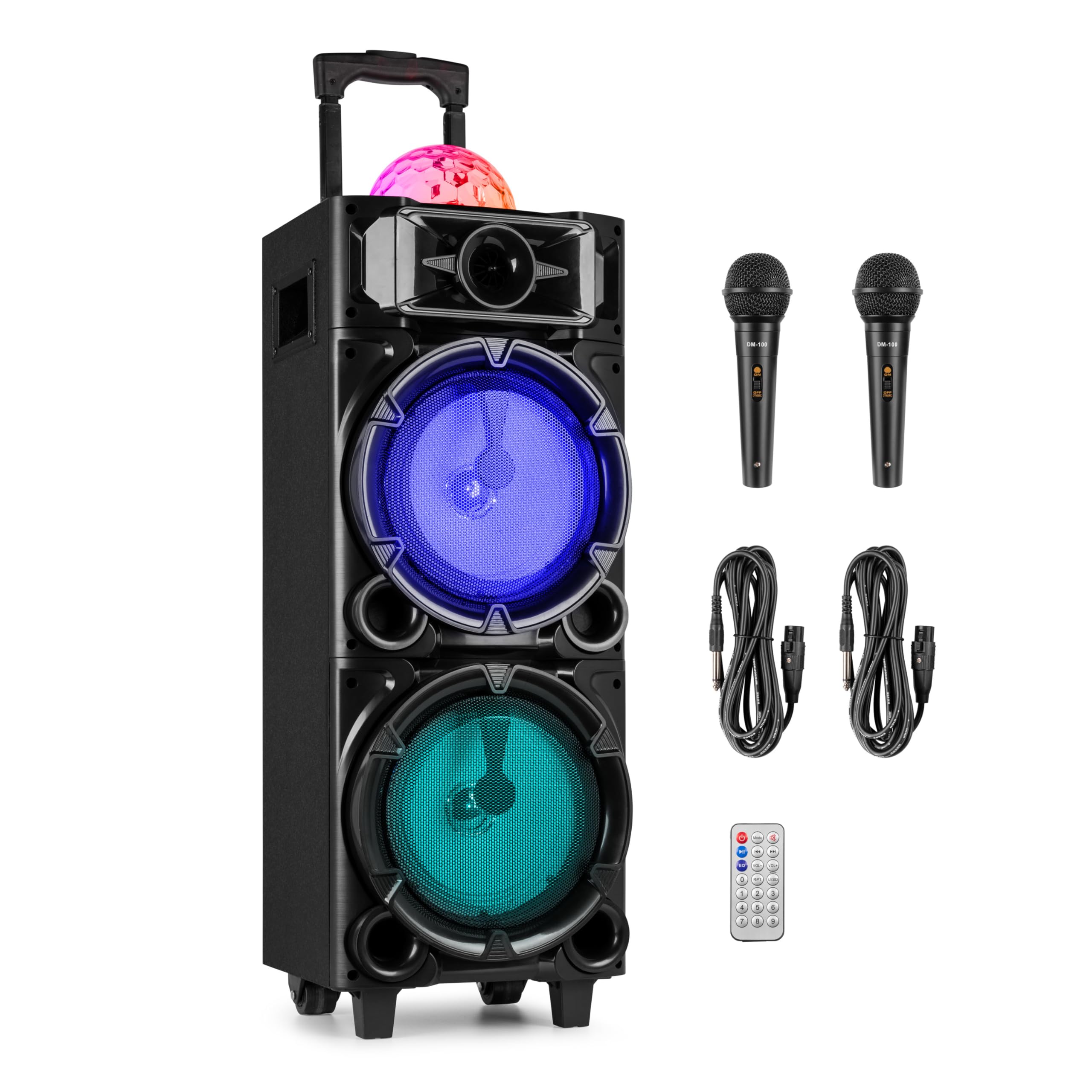 Fenton LIVE290 – Portable Karaoke Speaker 300 W Max. 100 W RMS with Bluetooth, LED Lights, Jellyball, Rechargeable Battery, 2 Wired Microphones, USB/MicroSD Player and Remote Control