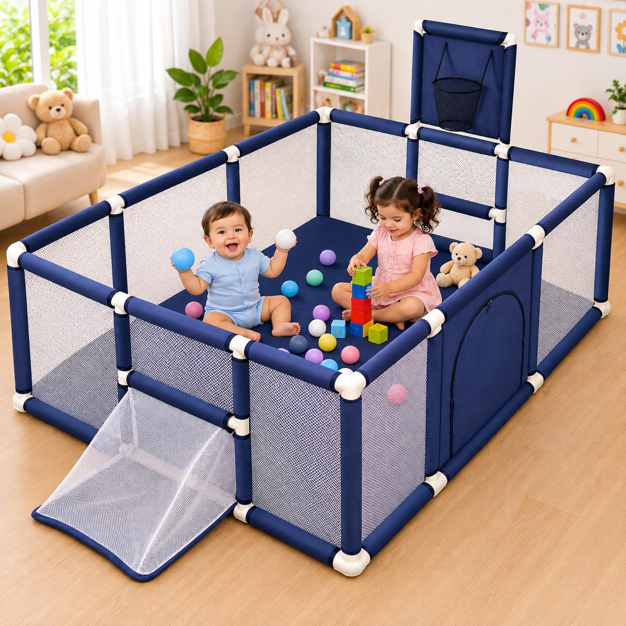 177*118cm Playpen for Babies upto 5 year with Basketball and Football Foldable Baby Play Area Indoor Setup Play Yard Fence for Toddlers Kids Playarea Setup Outdoor Children Play Area with Gate (Blue, Mesh with basket ball)-image-32