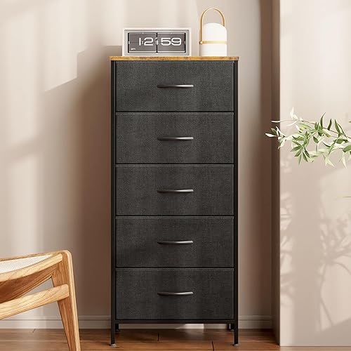 Miniatura 10 de Cómoda para dormitorio con 5 cajones de almacenamiento, cómoda pequeña de 31 pulgadas, cómoda de tela con marco de acero resistente, color gris claro