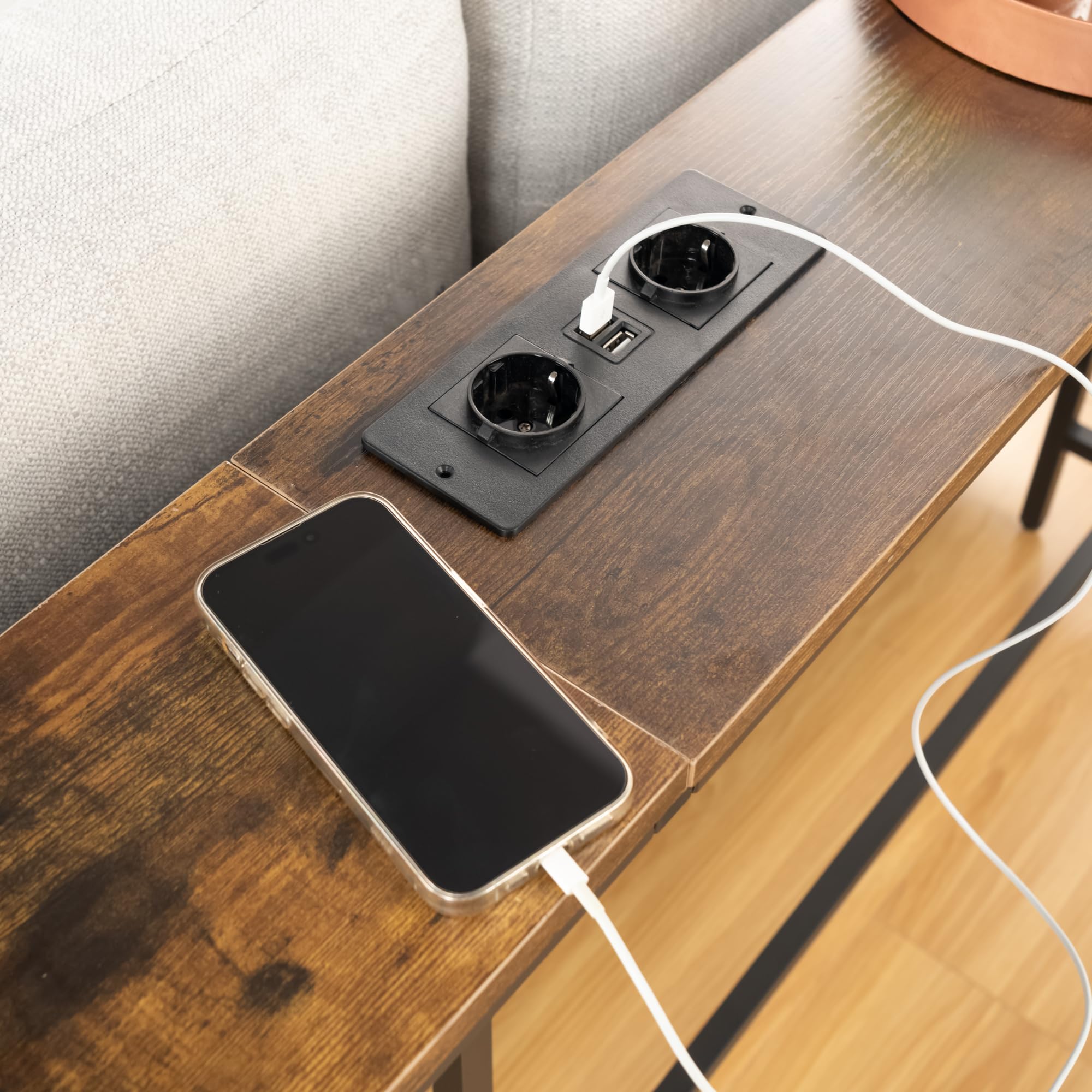 FurnitureR Rangements pour Bar Industrielle 180cm avec Prise, Console Métal et Bois, Longue Table de Bar pour Salon, Zones D'attente et de Recharge, Brun Rustique