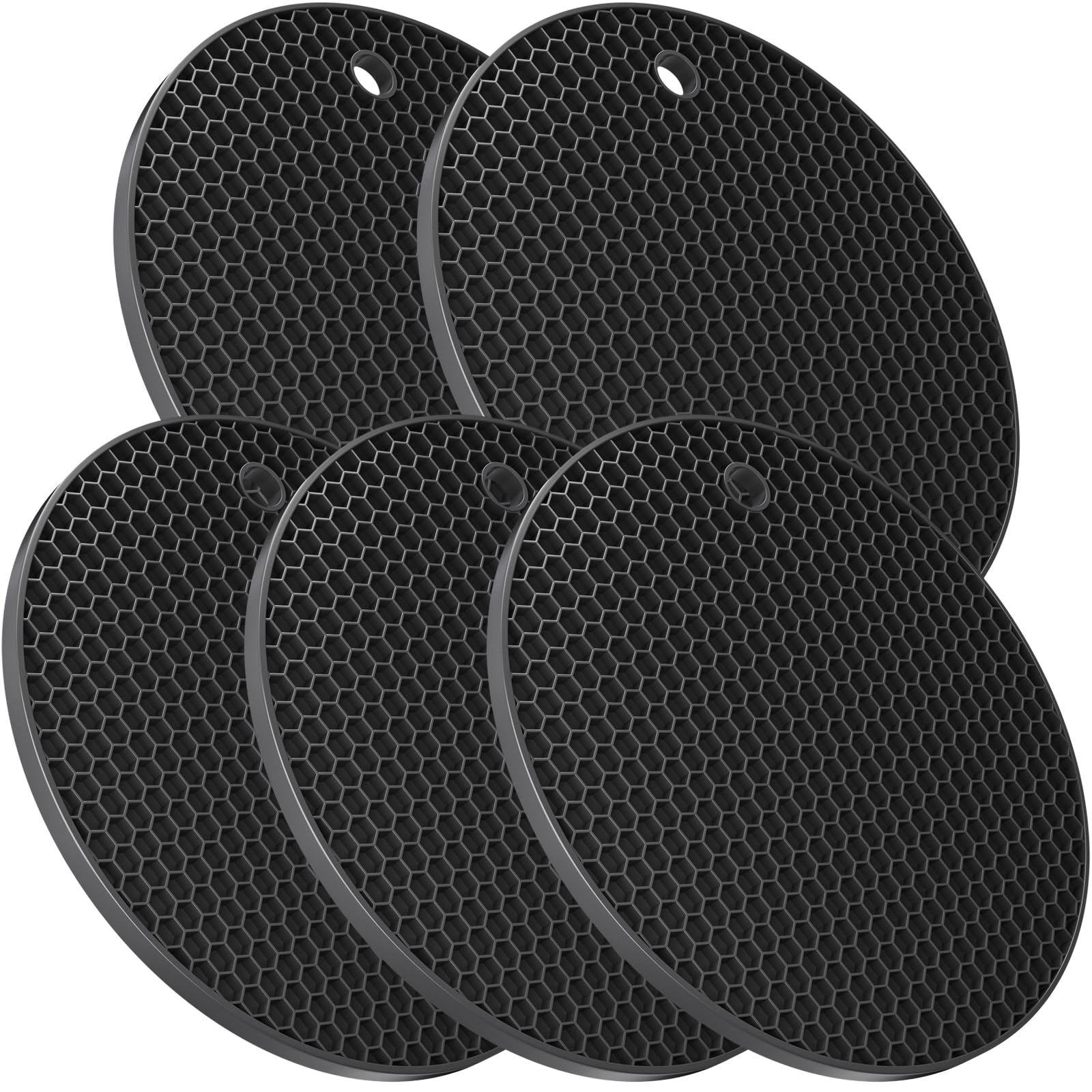 Ultra Thick 8mm Silicone Trivets for Hot Dishes Pots and Pans, Trivet Mat to Protect Table, Silicone Hot Pads for Kitchen Counter, Pot Holders - Black Set of 5