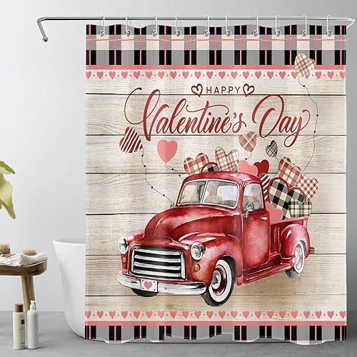 WEENEO Valentines Day Shower Curtain Rustic Farmhouse Vintage Plaid and Red Truck Shower Curtain Set for Bathroom Romantic Heart Balloon Waterproof