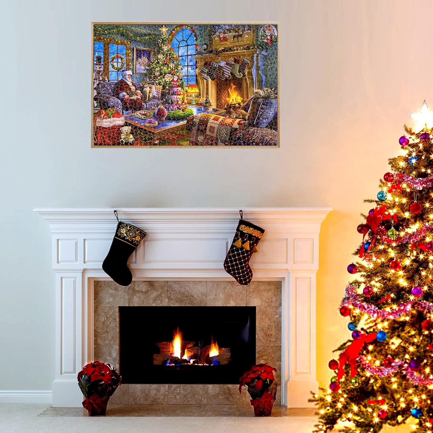 Lavievert Wooden Jigsaw Puzzle 1000 Piece Puzzle for Adults - Santa Claus, Fireplace, Christmas Tree & Warm Christmas