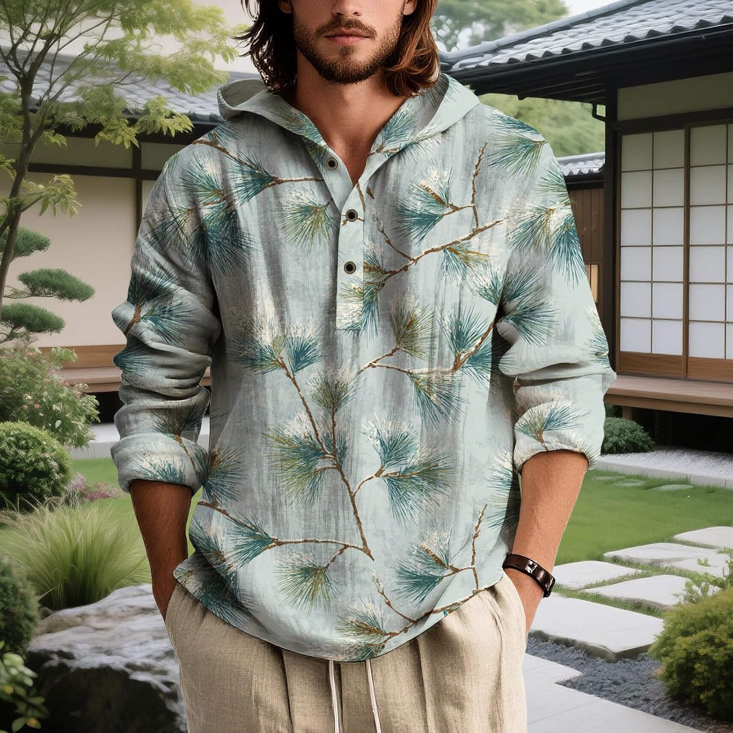 Mens Hooded Floral Button Down Shirt Long Sleeve Lightweight Relaxed Fit Nature Inspired Top for Spring - Image 4
