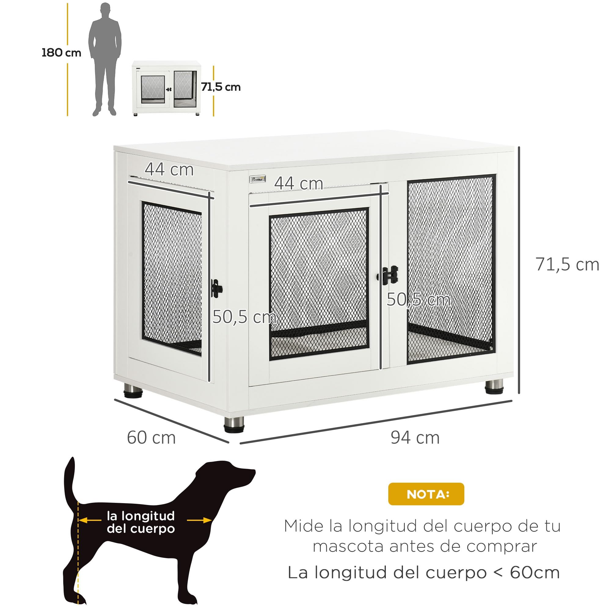 PawHut Jaula para Perros Grandes Estilo Mueble Casa para Perros 94x60x71,5 cm Mesa Auxiliar con 2 Puertas de Pestillo Cojín de Tela Oxford y Rejillas de Acero Blanco