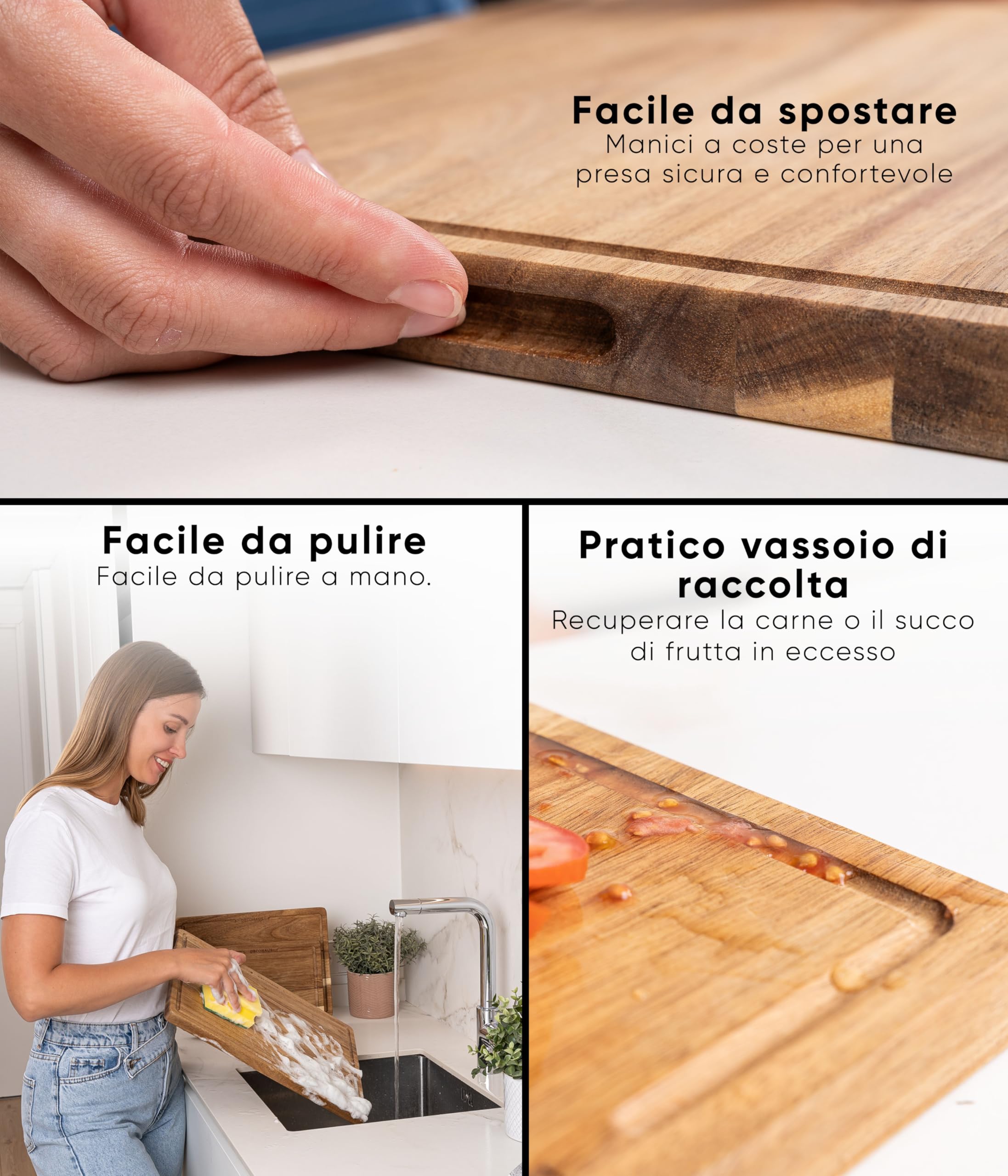 Deco haus Set di 3 Taglieri in legno di acacia robusta con scanalatura [SPESSORE 2 cm] - Taglieri con scanalatura per il succo - Chopping board 40x30, 33x24, 26x18