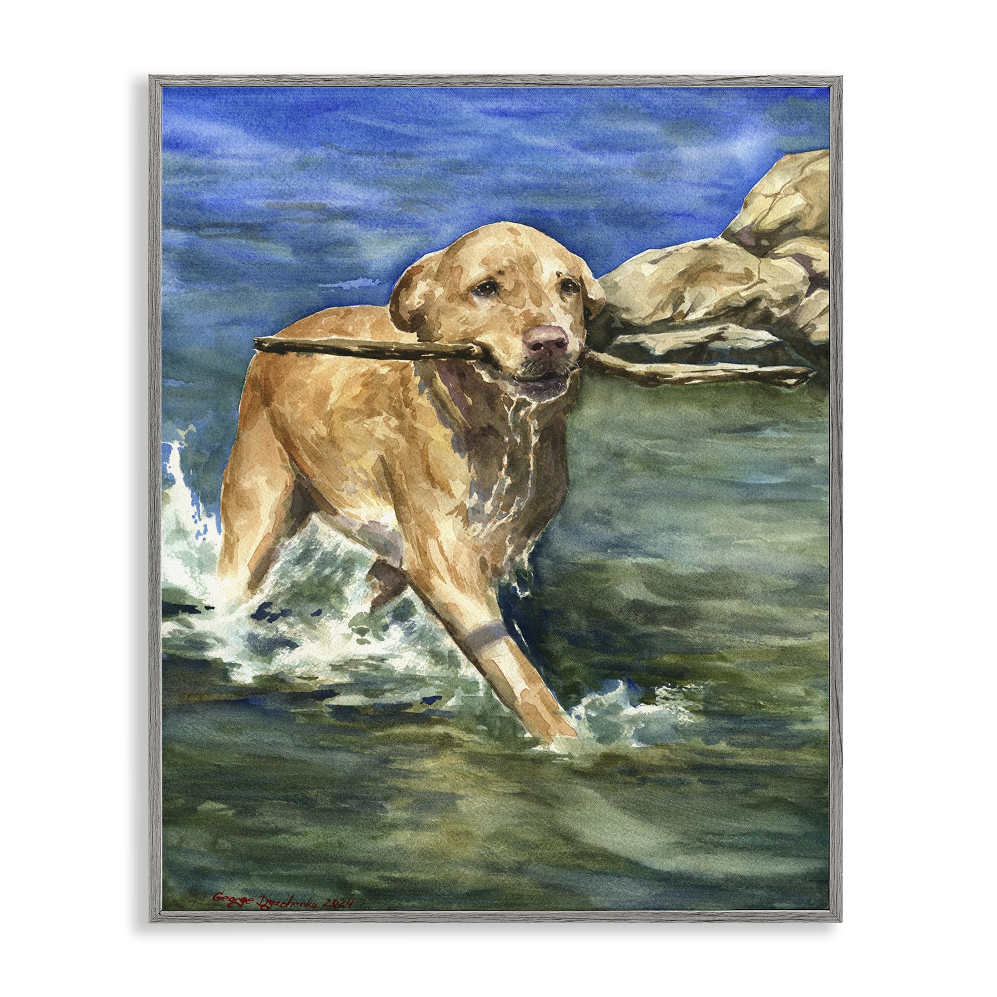Idée cadeau chien : cadre labrador joyeux avec bâton noir George Dyachenko