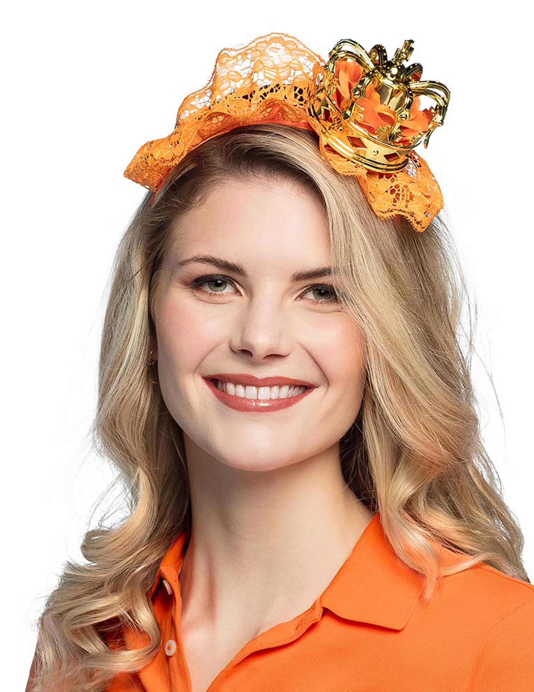 Boland 61829 - Queen Headband, Gold Orange, Unisex, Crown with Lace Fabric, Tiara, Netherlands, Fan Item, Football, European Championship, World Cup, Carnival, Theme Party