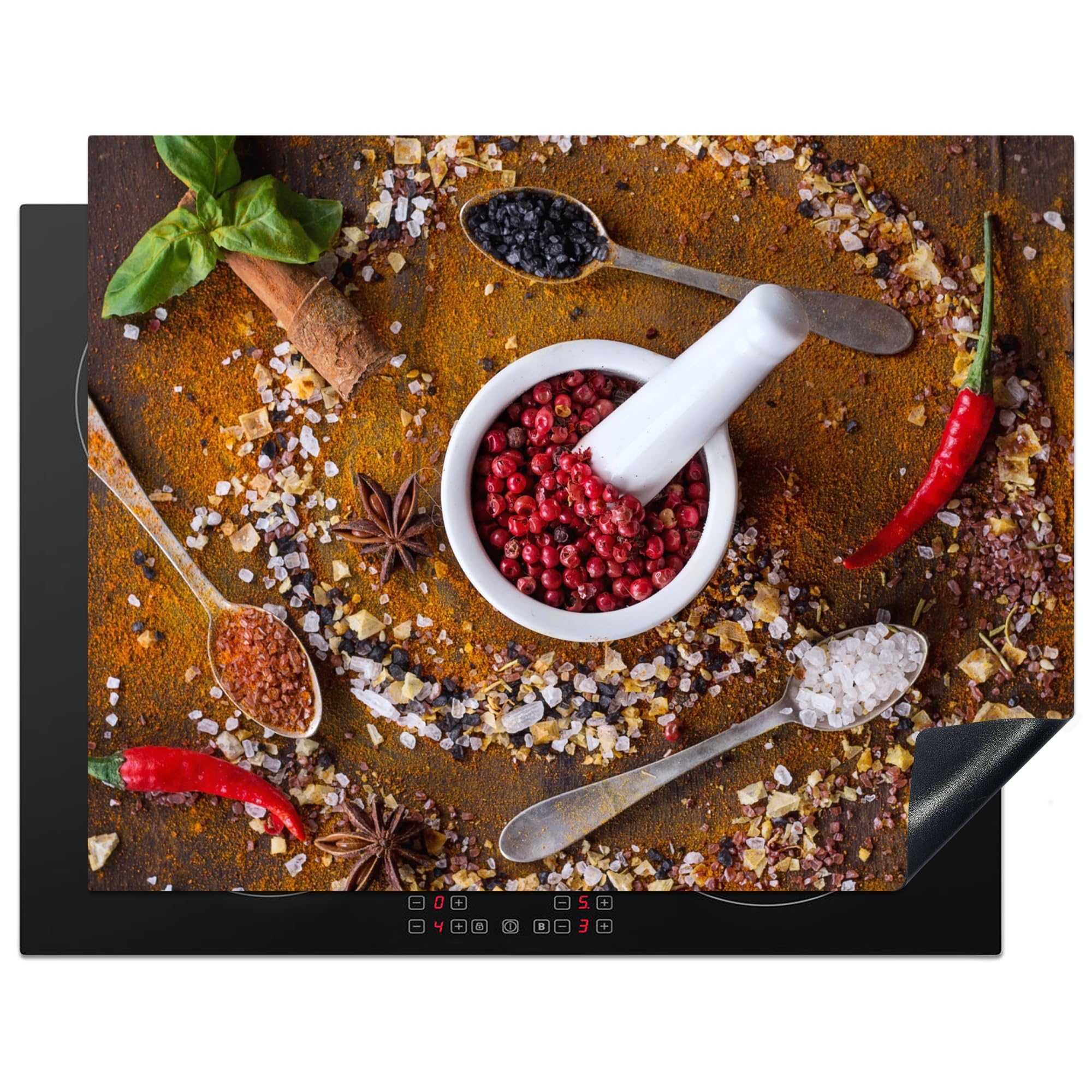 KitchenYeah© Induction Hob Protector Mat 23.2"x30.3" / 77x59 cm Cooker Top Protectors Cover Ceramic Covers Electric Hobs Vinyl Mortar - Herbs - Spoons - Spices - Brown - Pepper