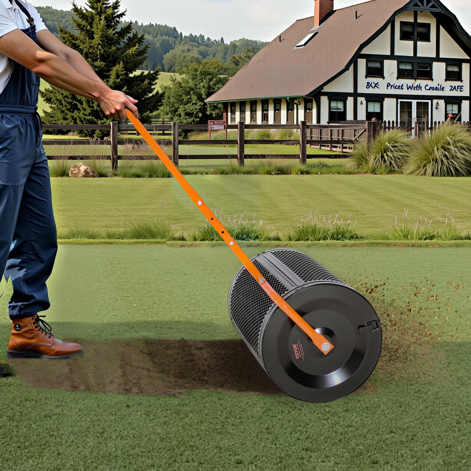 VEVOR Spandiconcime a Rullo, Spandiconcime per Torba 67 x 41 cm con Manico a T, Rullo per Torba da Giardino in Acciaio Verniciato Regolabile in 3 Altezze, per Semi di Erba per Piantare e Seminare