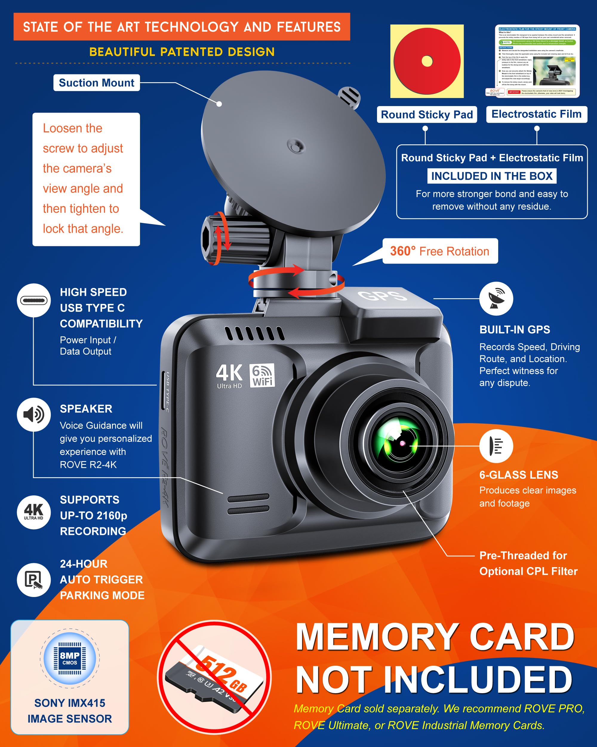 ROVE R2-4K kamera samochodowa WiFi GPS kamera samochodowa Ultra HD 2160p w samochodzie DVR rejestrator kamery z szerokim kątem 150°, super noktowizor, czujnik G, nastrój parkowania, poklatkowy