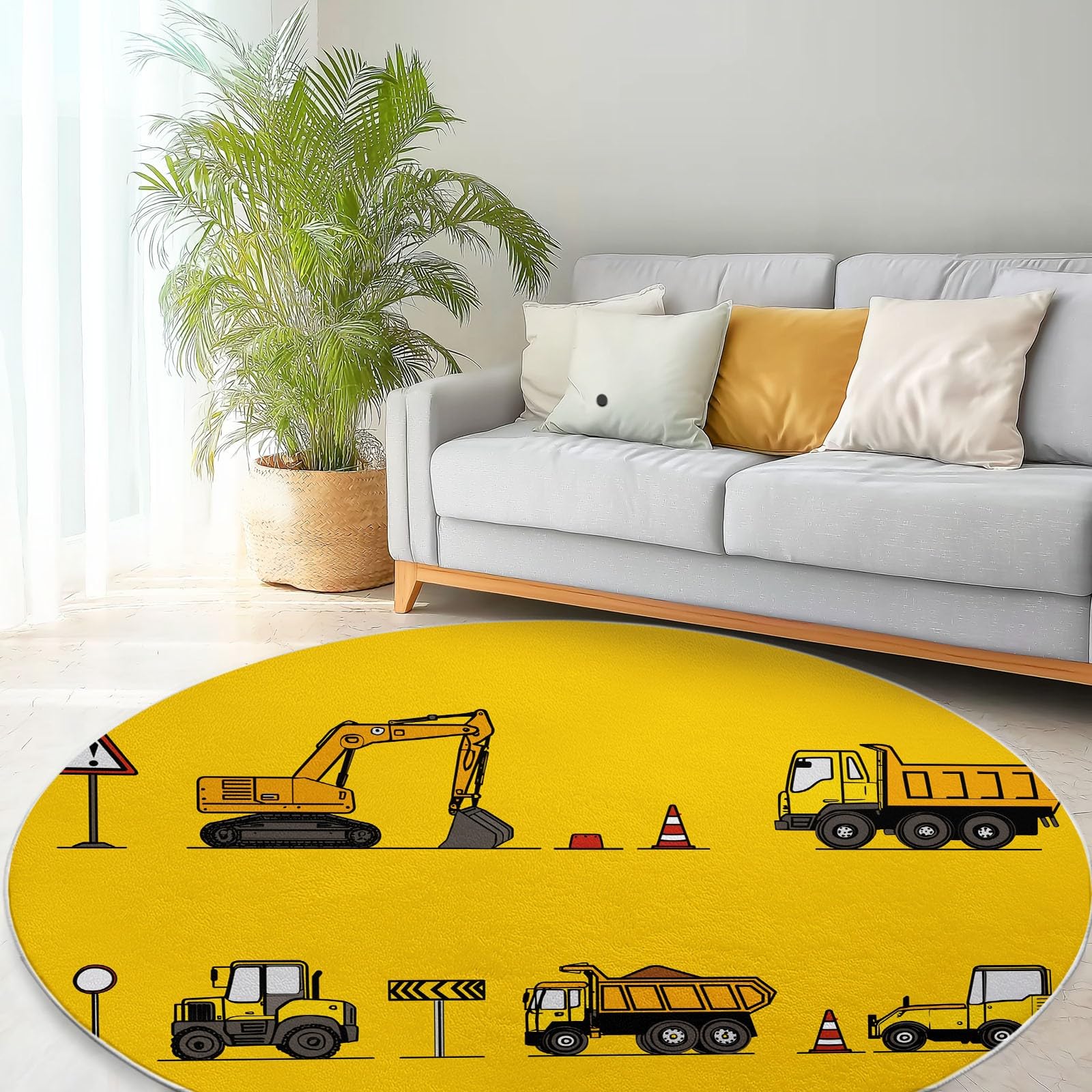 Veicoli Da Costruzione Cartone Animato Tappeto Salotto Rotondo Giallo Flanella Camera Da Letto Tappeti Rotondo, Cucina Antiscivolo Lavabile - Per Tavolino Da Salotto Bagno Tappeto Cameretta 120 cm