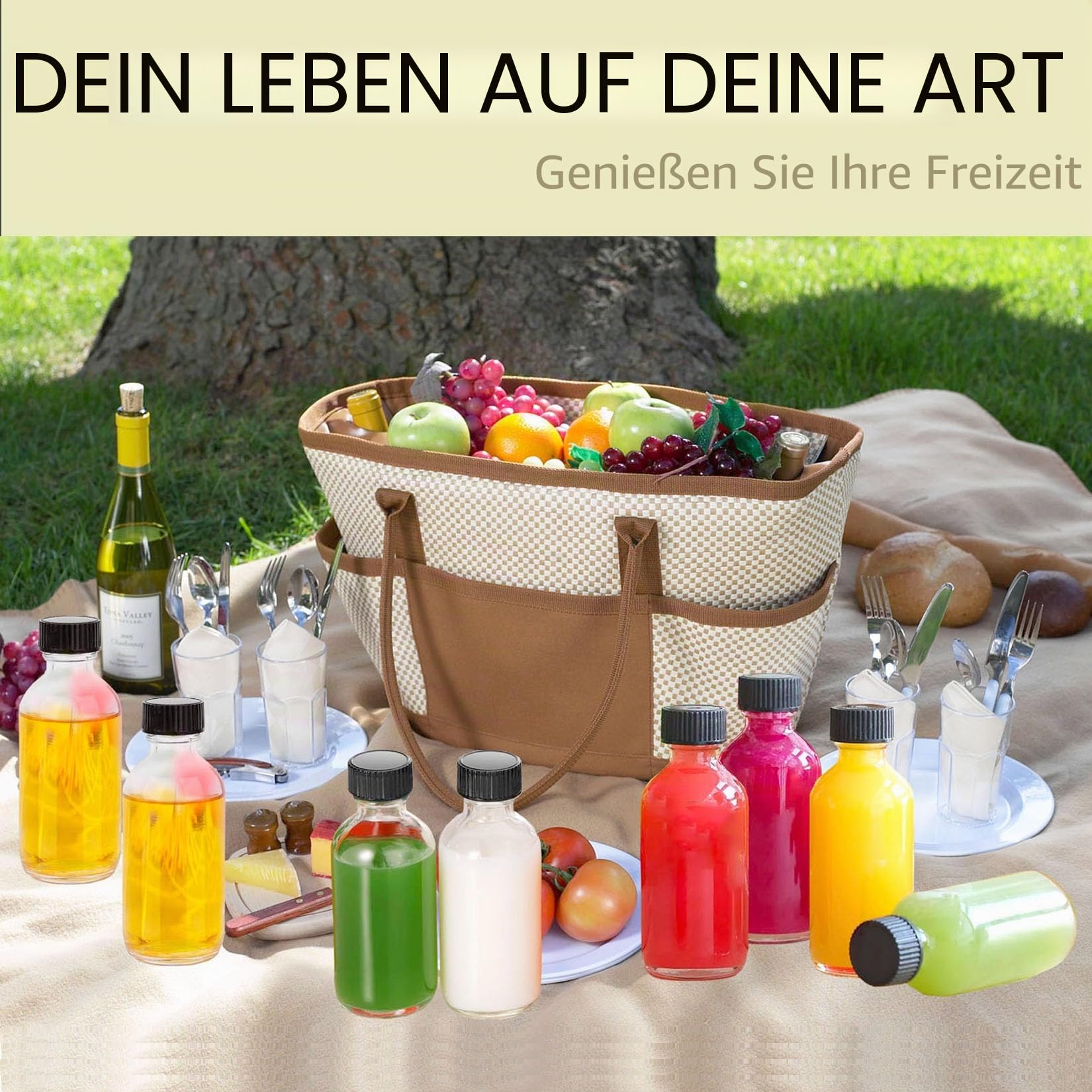 DIDITIME Kleine transparente Glasflaschen mit Deckel und 4 Trichtern – 60 ml Boston runde Probenflaschen für Trank, Saft, Ingwer, Shots, Öle, Whiskey, Wellness-Shots, Mini-Reiseflaschen, 24 Stück