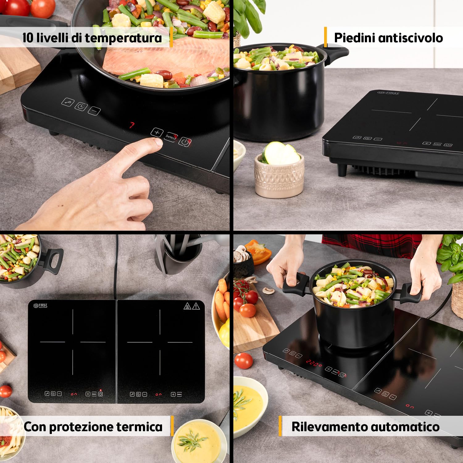 TZS First Austria - Piastra a induzione doppia 3500W - Piano cottura vetroceramica 2 fuochi - 10 livelli di potenza, timer, blocco bambini, LED, comandi touch, protezione surriscaldamento - portatile