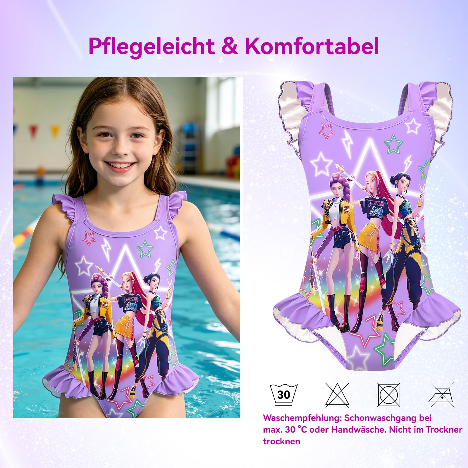 Badeanzug Mädchen, Einteiler Bademode mit Hohem Rücken, Breiten Trägern und Rüschen für Teenager, Elastischer Schwimmanzug, Schnelltrocknender Badebekleidung für Kinder von 6-14 Jahren, Lila