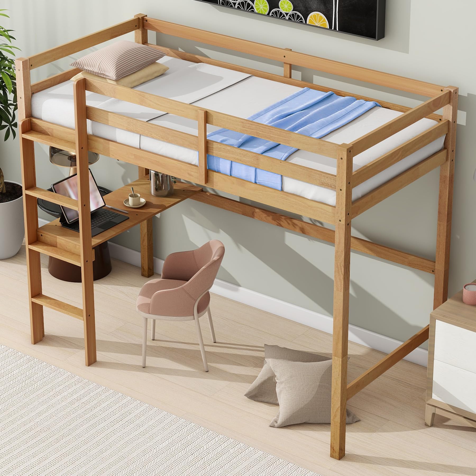 Wood Loft Bed Twin Size with Desk,Kids Loft Bed with Stairs and Rails for Toddlers Kids Teens Boys Girls,Solid Wood Salts Support,Noise-Free,Easy Assemble (Oak, Twin)
