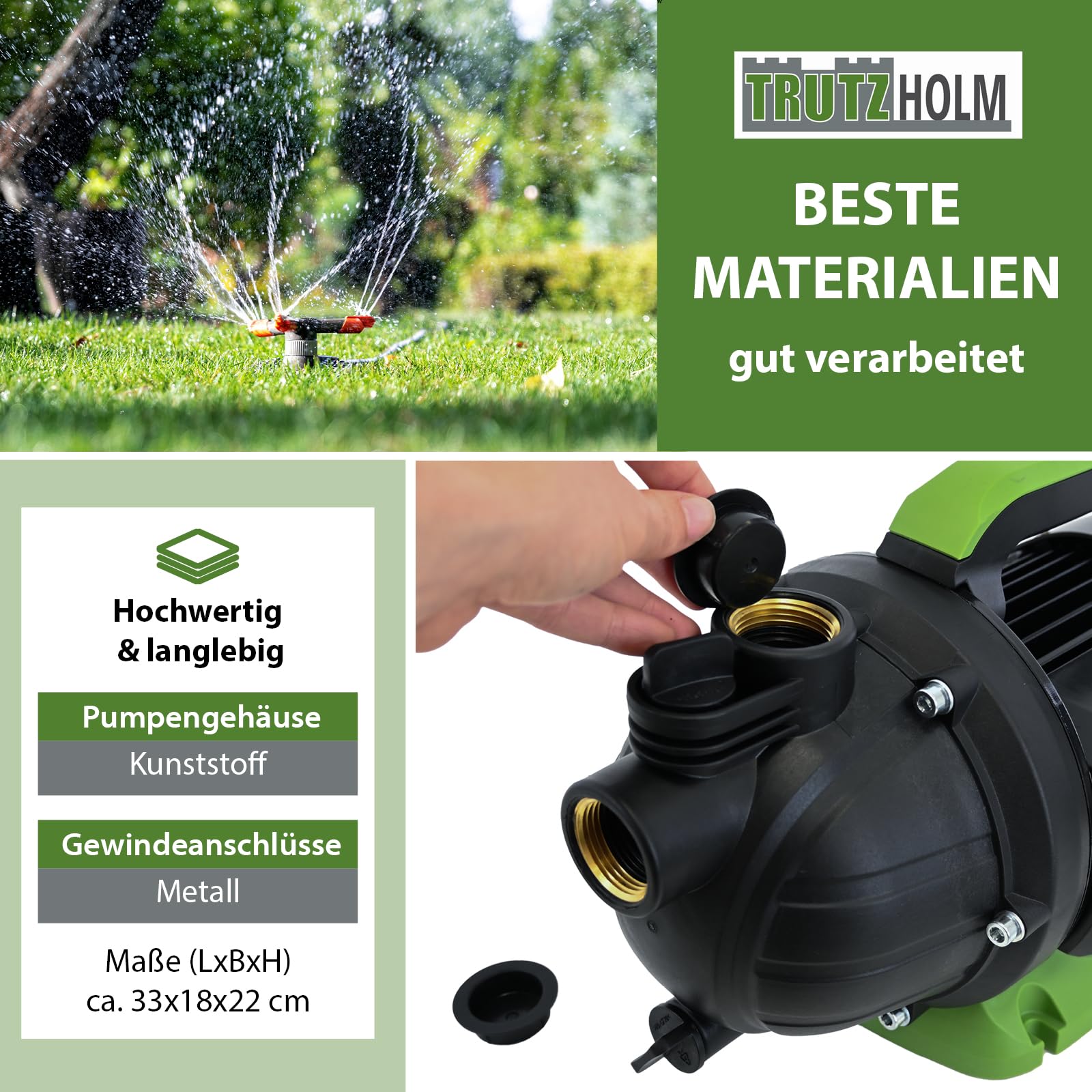 TRUTZHOLM Gartenpumpe 600 W 3000 l/h Förderhöhe 43 m Förderdruck max. 4,4 bar 1" Anschluss Jetpumpe Druckpumpe Saugpumpe zur Gartenbewässerung inkl. praktischem Handgriff und stabilem Pumpenfuß