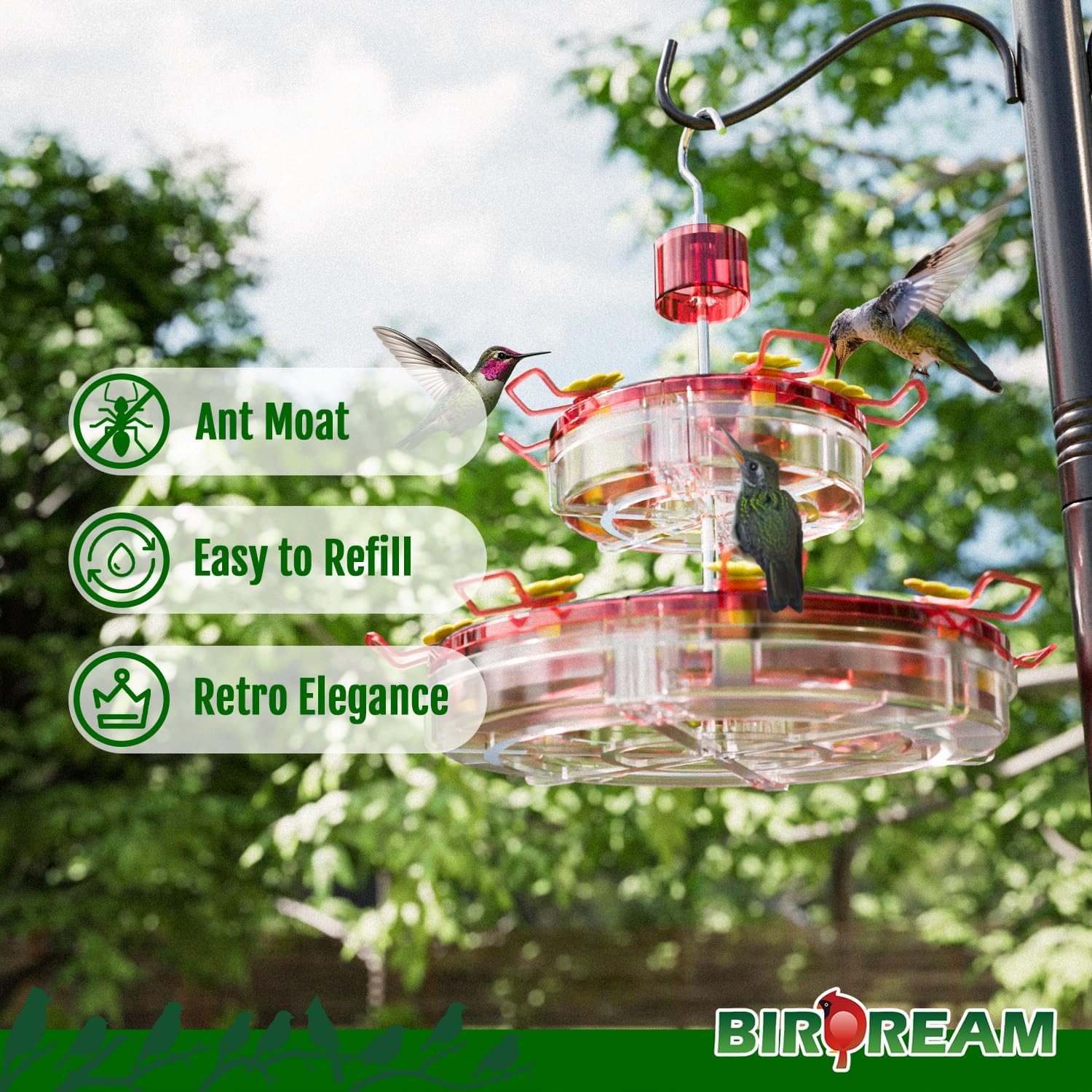 Birdream Hanging Hummingbird Feeder for Outdoors, 20oz Double-Tier Saucer Design with 14 Feeding Ports Ant Moat, Stainless Steel Pole, Easy to Refill and Clean, 2 Pack