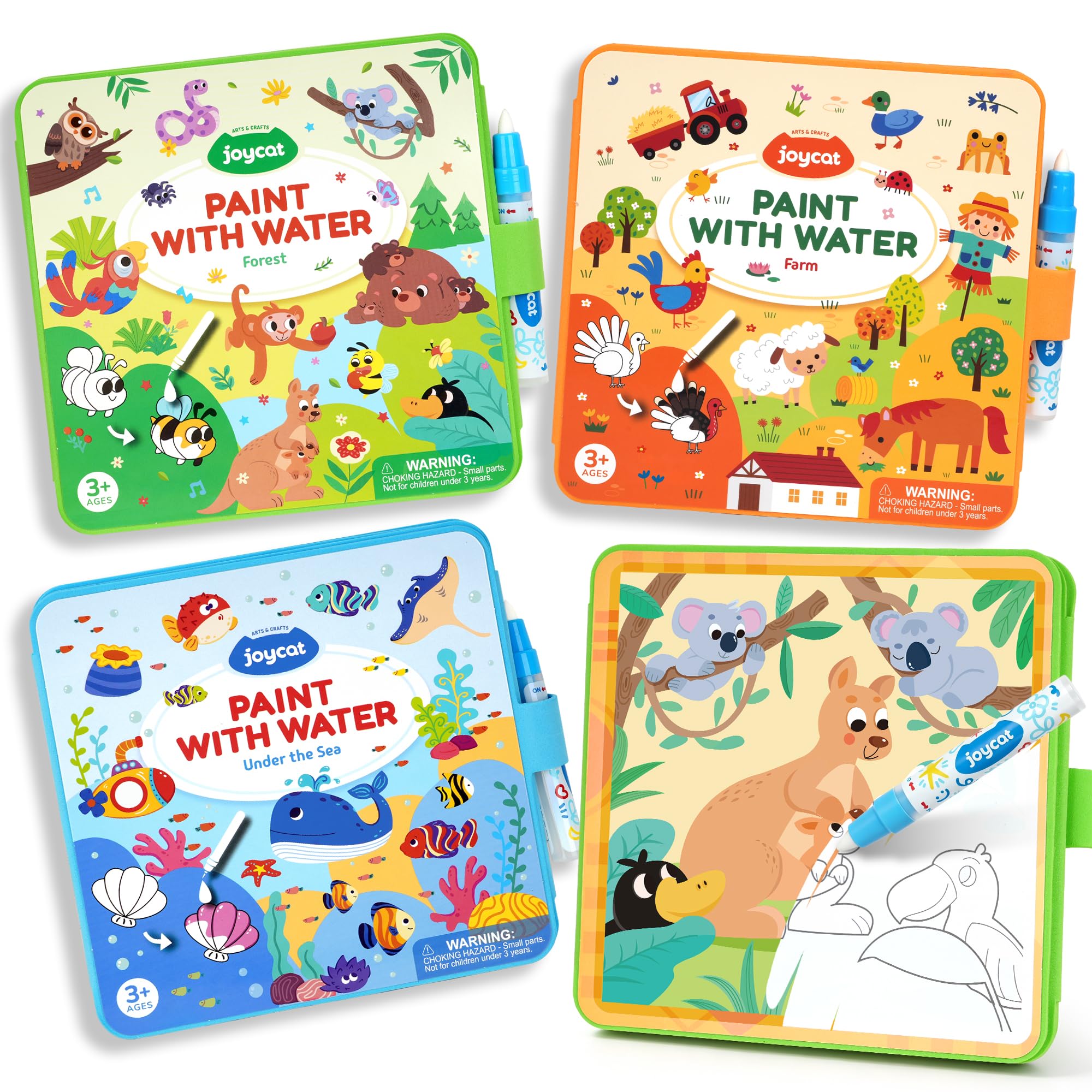 JoyCat Wassermalbuch für Kinder (3er-Pack): Ozean, Bauernhof, Wald | Wiederverwendbares Magisches Malbuch mit Wasserstift, Malen ohne Flecken, Faltbares EVA Aktivitätsbuch für Kinder ab 3 Jahren