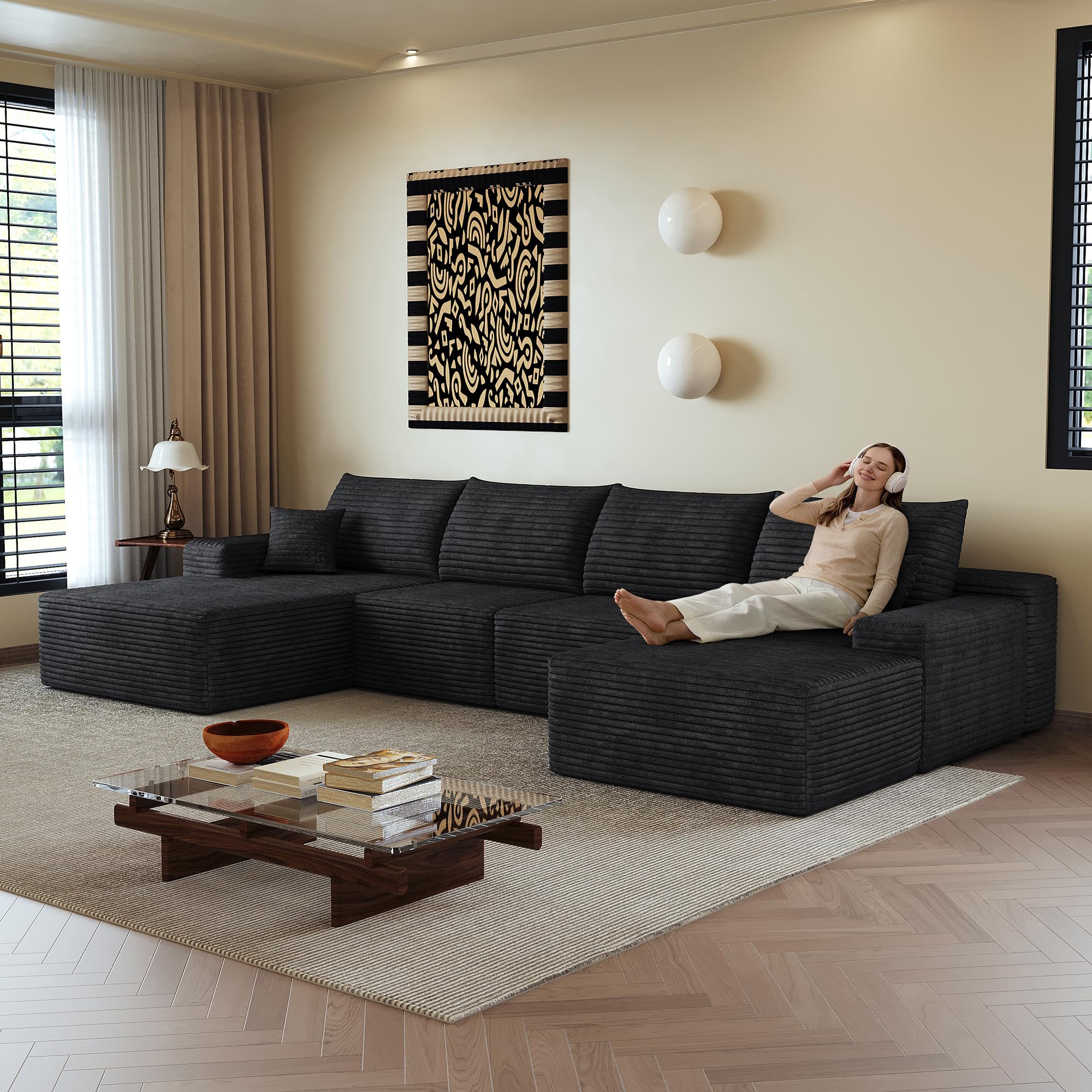 Canapé d'angle Modulable 340 Cm en L avec MéRidienne, Canapé Moderne à Assise Profonde,Livré Compressé,Aucun Assemblage Requis pour Salon,Chambre Et Appartement (Noir, Linke Chaiselongue+1 Ottomane)