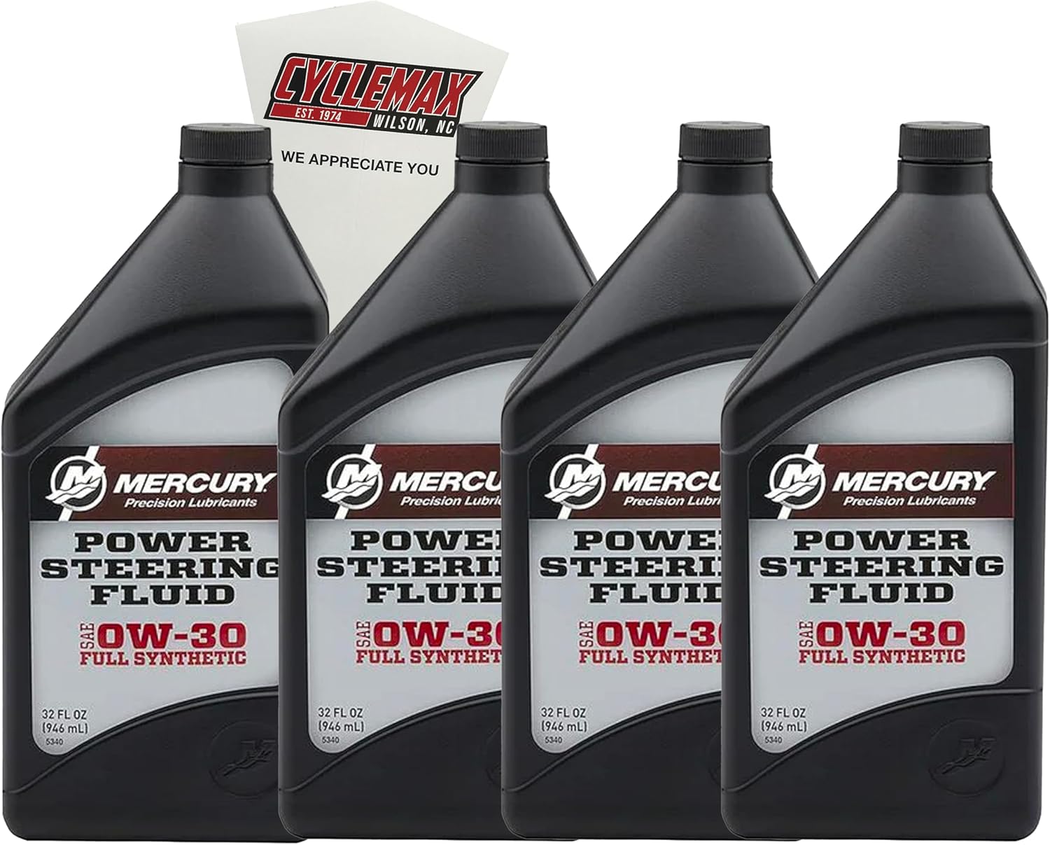 Cyclemax Four Pack compatible with Quicksilver Power Steering Fluid Quarts 858077K01-4PACK Contains Four Power Steering Fluid Quarts and a Funnel