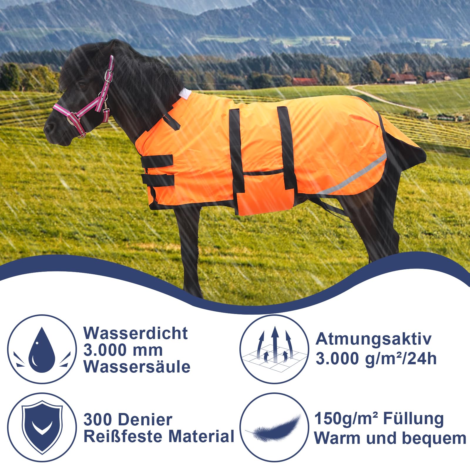 Coperta 300D Pony/Shetty per cavalli, 150 g/m², per pony, leggera, calda, impermeabile, traspirante e antistrappo, per pony puledri, mini cavalli nani