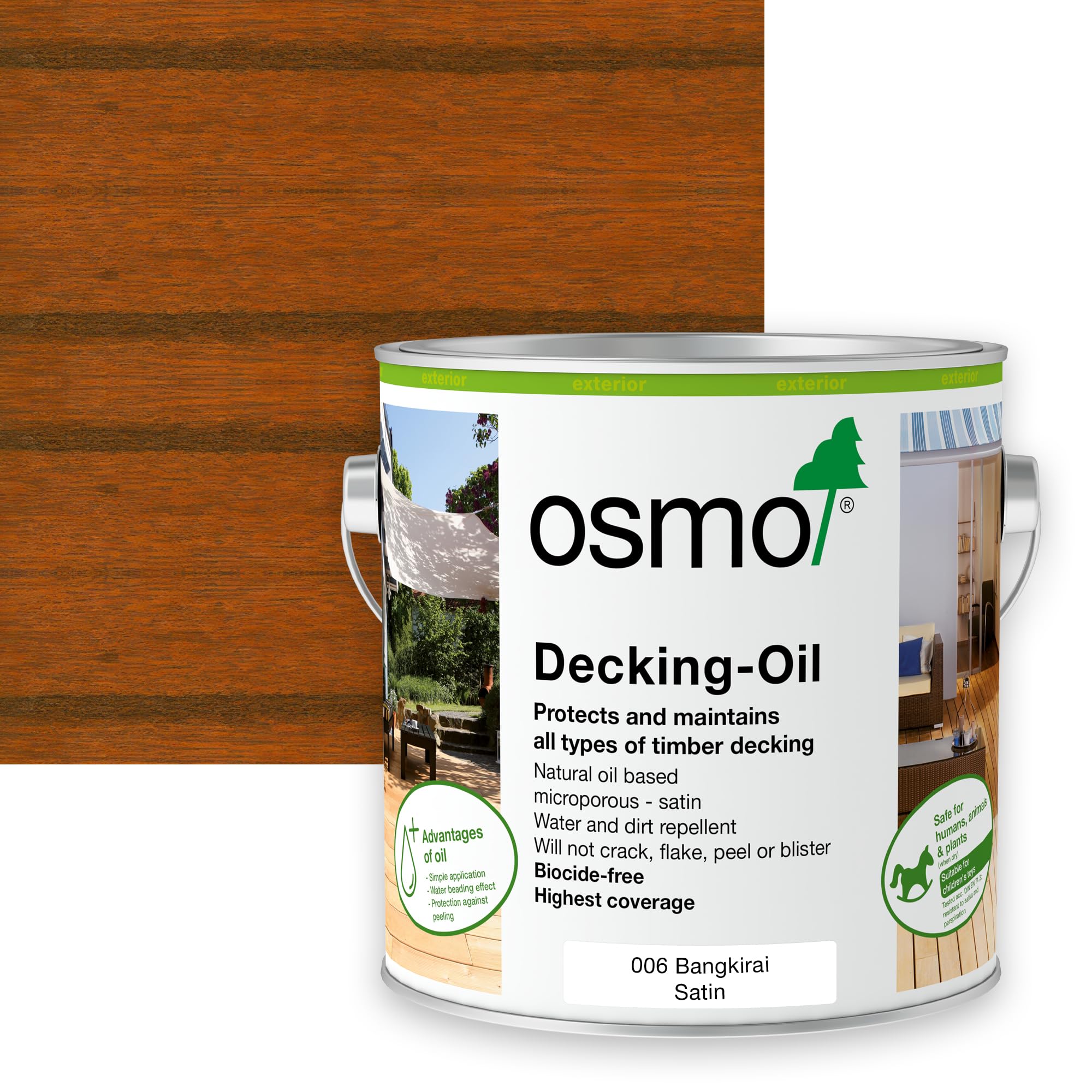 Osmo Decking Oil 006 Bangkirai Satin 2.5L – Natural Deck Oil for Exterior Timber Decking – Microporous Wood Protector – Water & Dirt Repellent