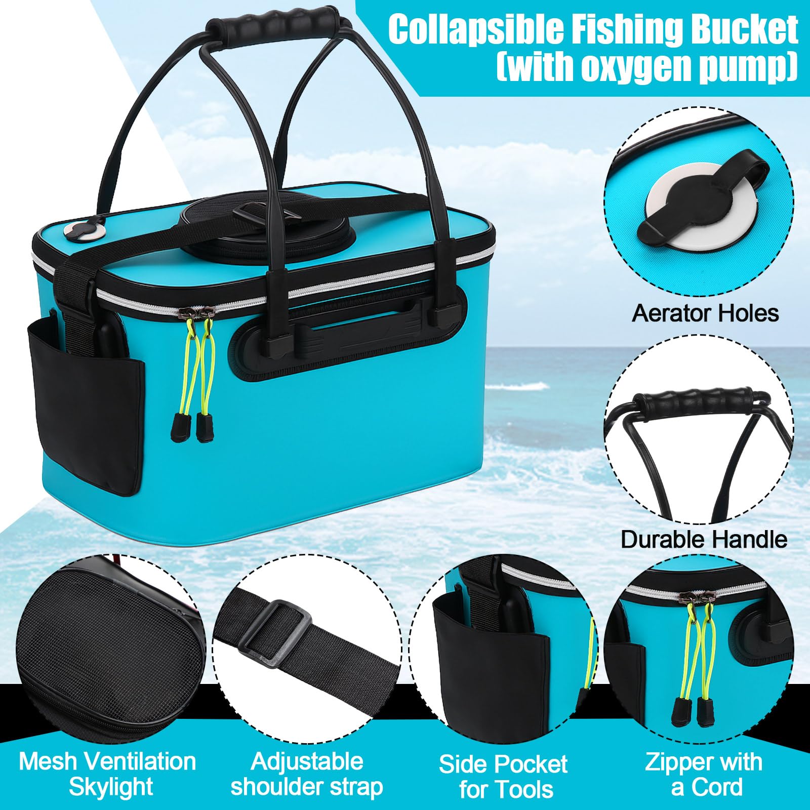 Secchio da pesca e aeratore per esche vive, pieghevole, multifunzionale, portatile, silenzioso, aeratore per campeggio, pesca, borsa in EVA (blu, 4 galloni)