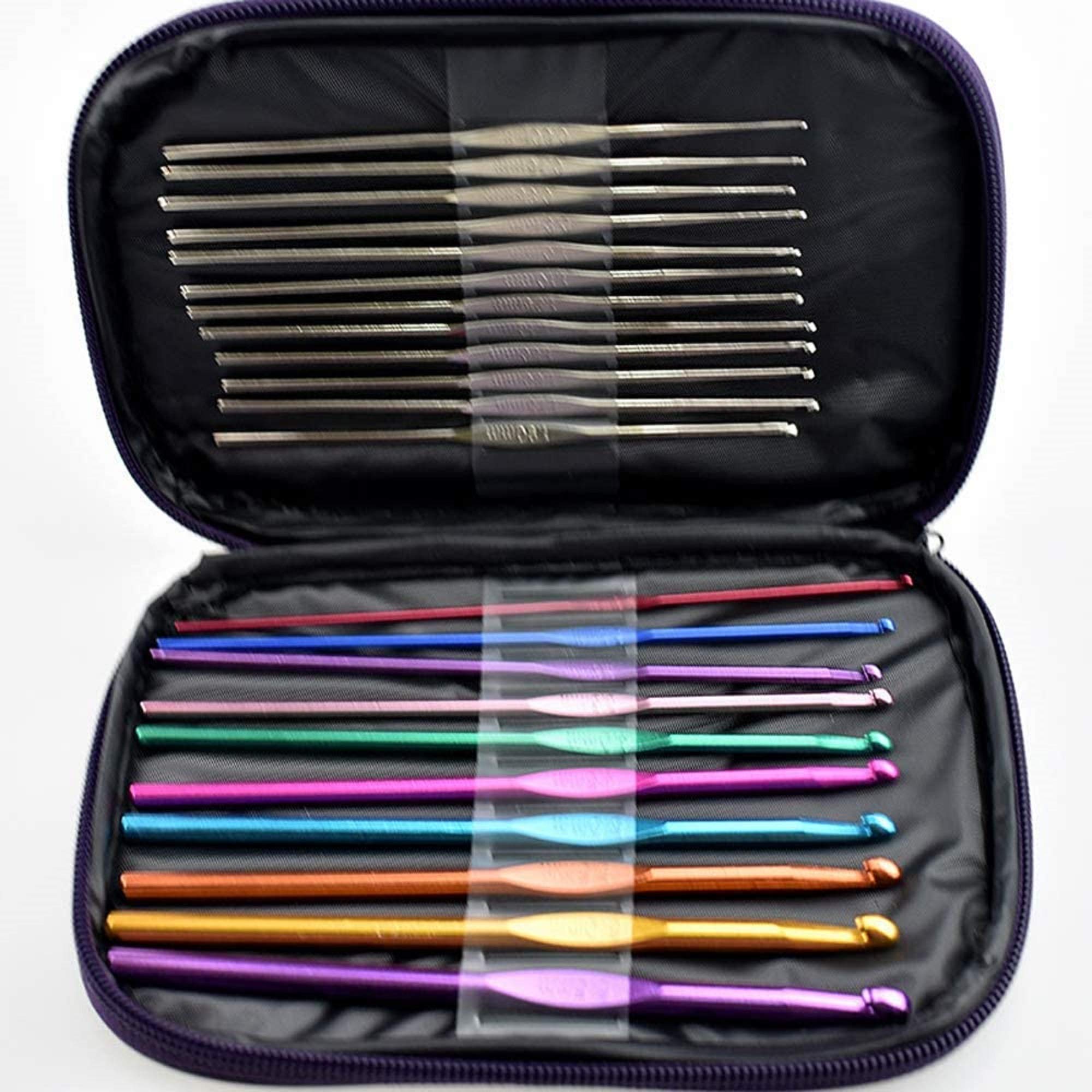 22 pcs Aluminium Multi Coloured and Silver Crochet Hooks Knitting Needles Set with case 0.6mm-6.5mm