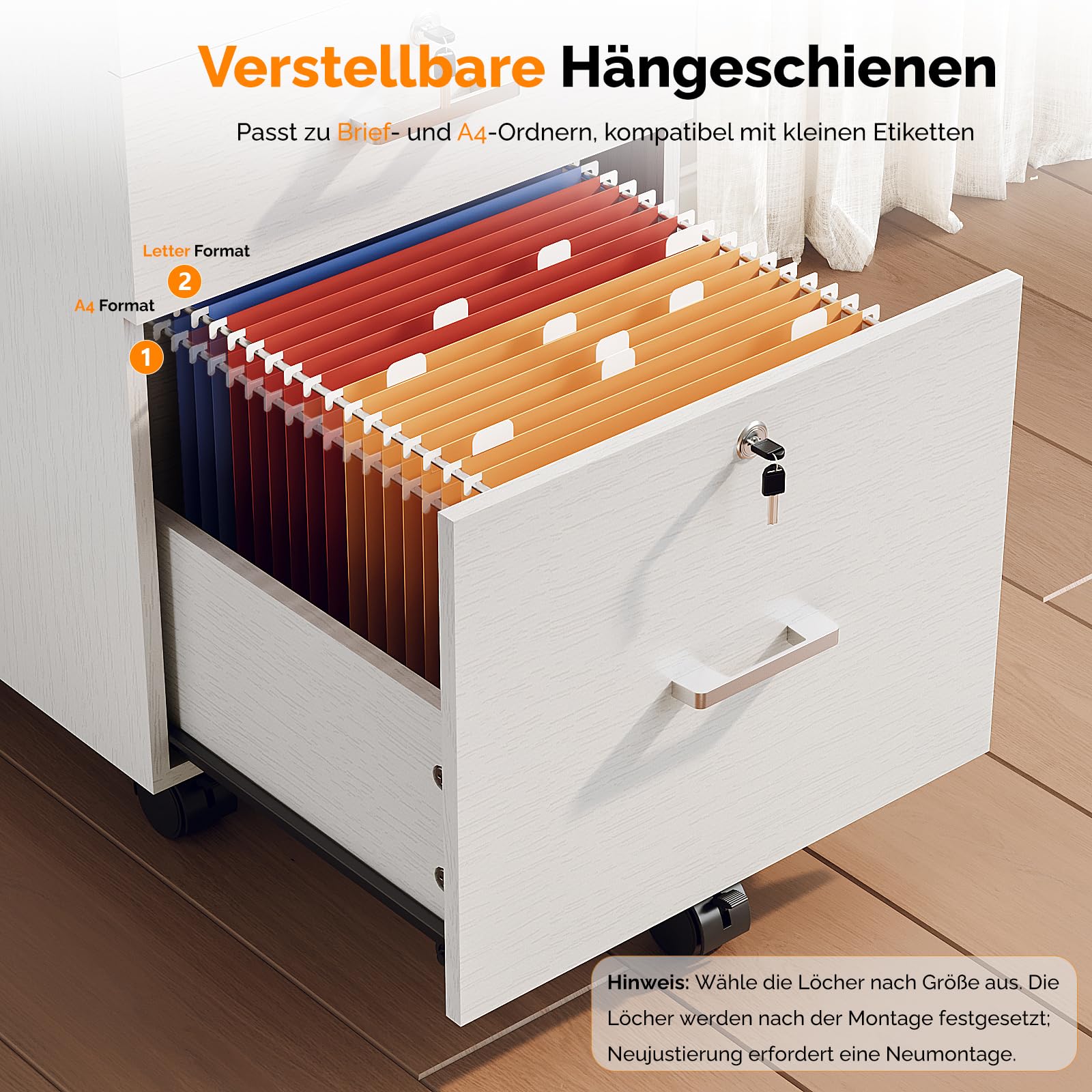 Bonnlo mobiler Aktenschrank 3 Schubladen für Büro, Homeoffice, weiß | Aktenschrank mit Rollen, mobiler Rollcontainer, abschließbarer Büroschrank, Schubladenschrank für A4- und Letter-Formate