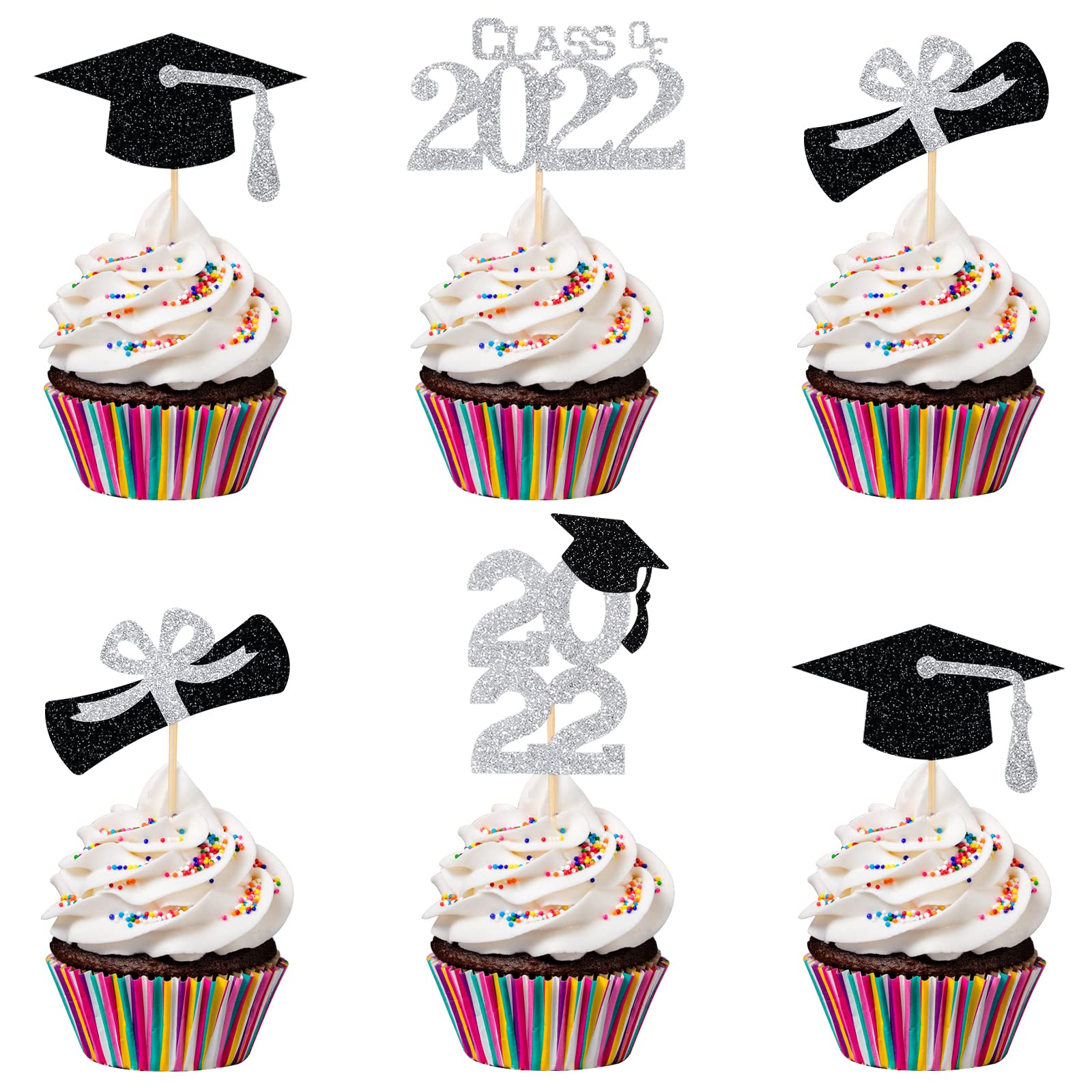 Buy 24Pcs Graduation Cupcake Toppers 2022 Silver, Graduation