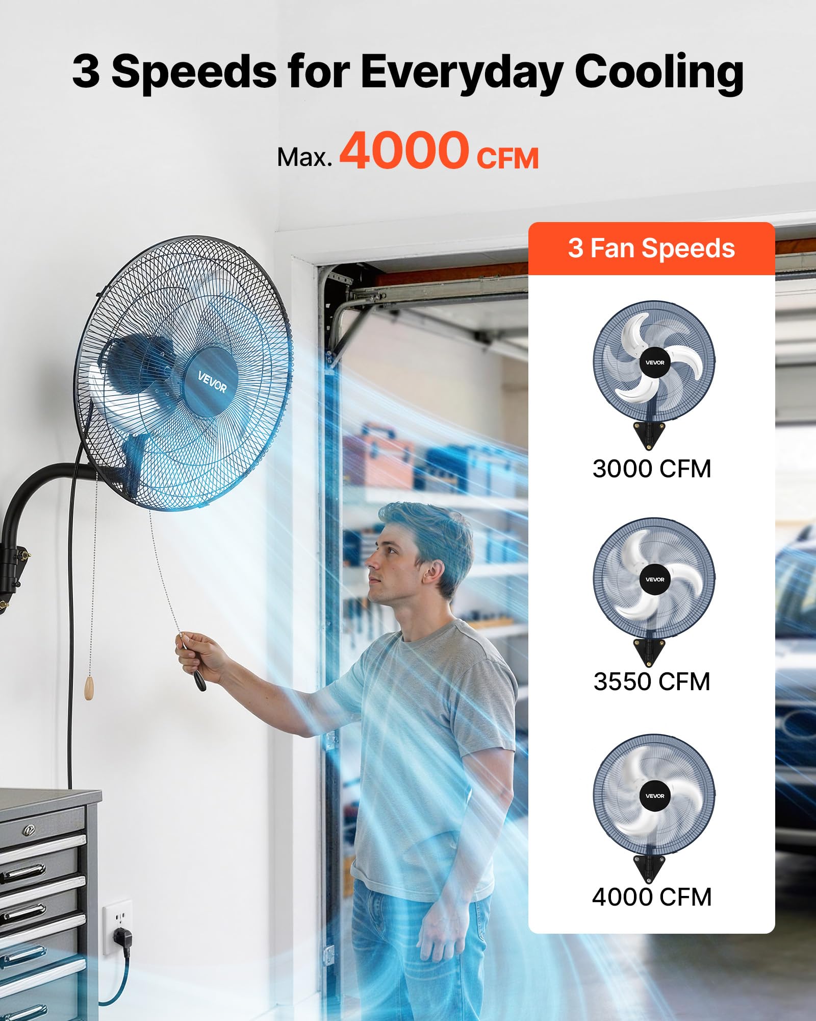 VEVOR Ventilatore da Parete Industriale, 457 mm, Ventilatore Oscillante a Muro, 3 Velocità, Flusso d'Aria Potente, Angolo Regolabile, Adatto per Officine, Garage, Palestre e Ambienti Commerciali