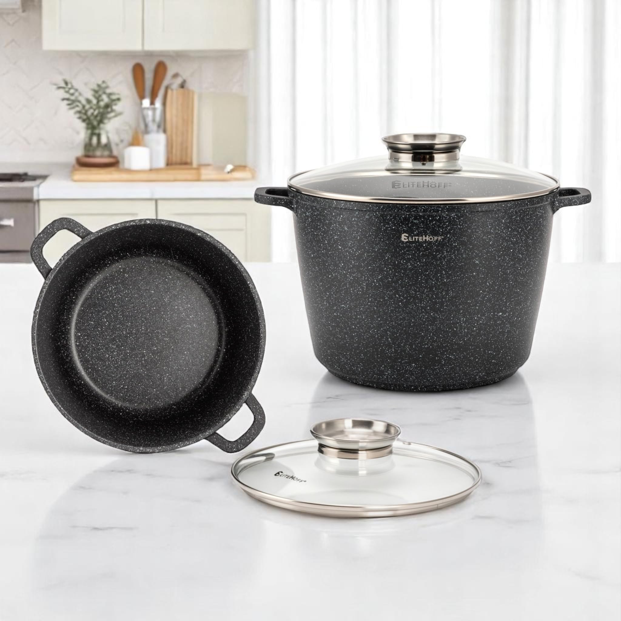 EliteHoff Olla de cocina antiadherente con tapa - Juego de 2 ollas de sopa de aluminio de 24/28 cm (6,5 L + 10,2 L) ollas de mármol grandes para inducción y todo tipo de cocinas (negro)