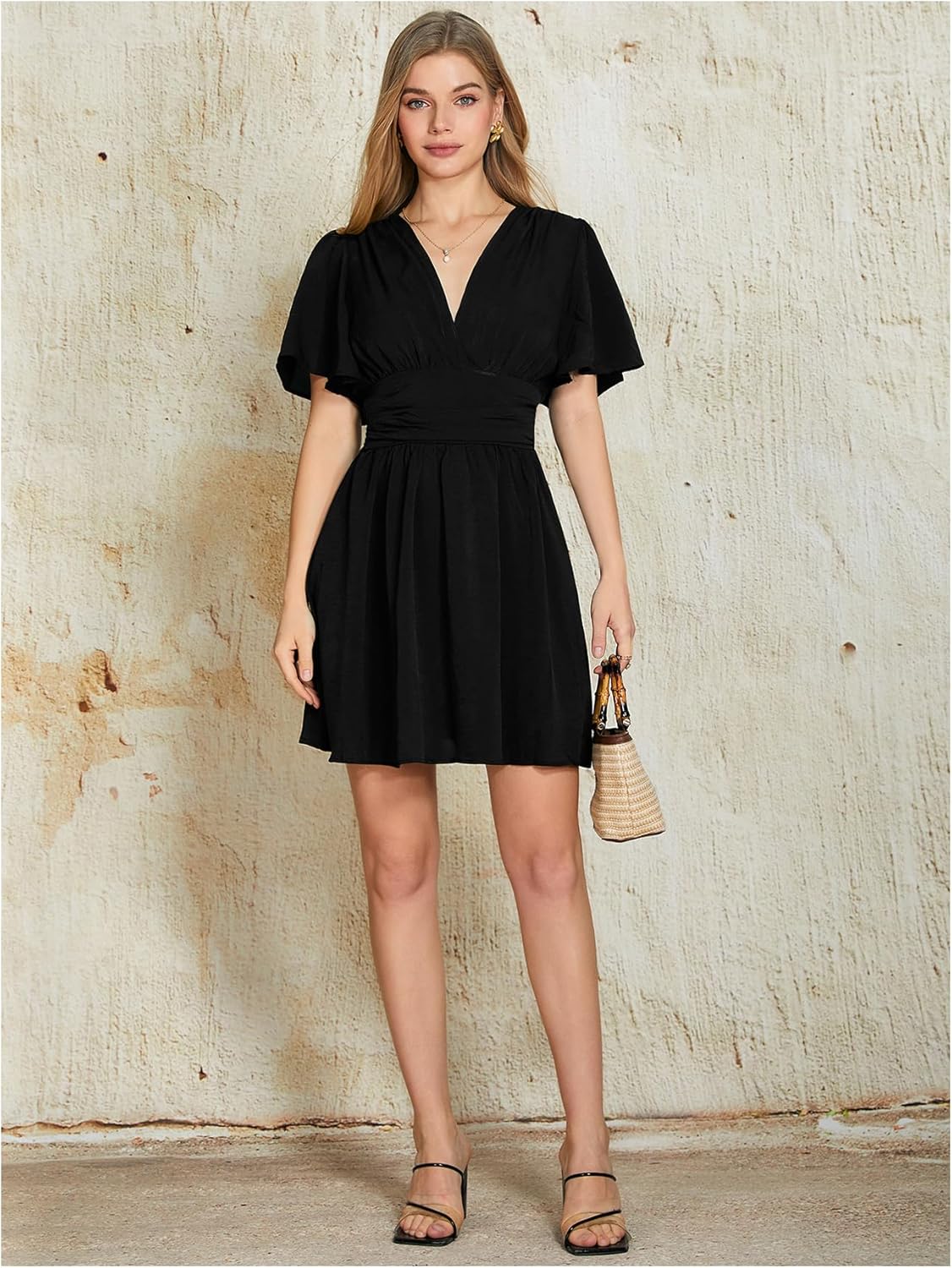 Milumia Women's Summer Casual Wrap V Neck Short Sleeve Dress Ruched A Line Flare Flowy Swing Short Dresses - Image 4