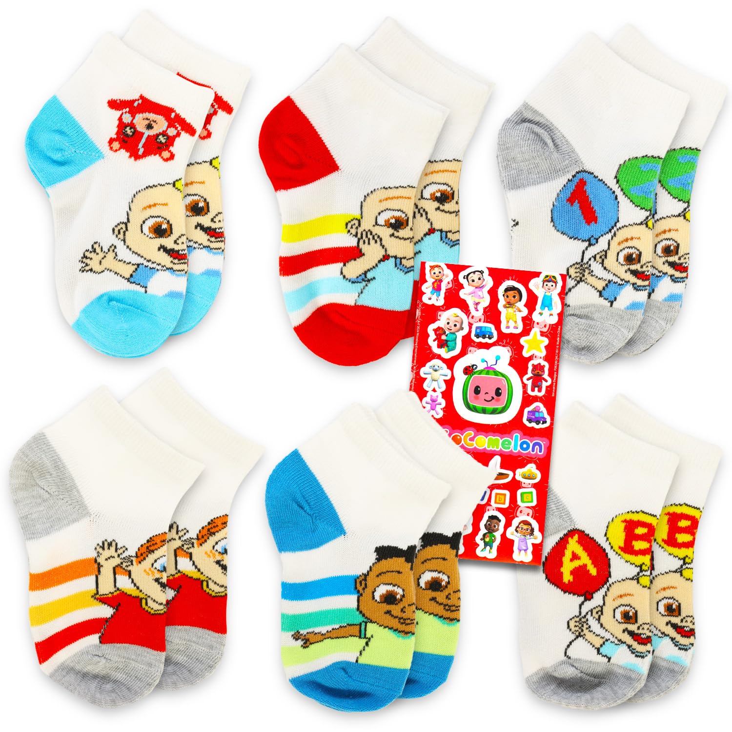 Cocomelon Socks for Toddler Boys, Girls 2T-4T - Bundle of 6 Pairs of No Show Socks Sizes 4-7 Plus Stickers | Cocomelon Accessories for Kids and Babies