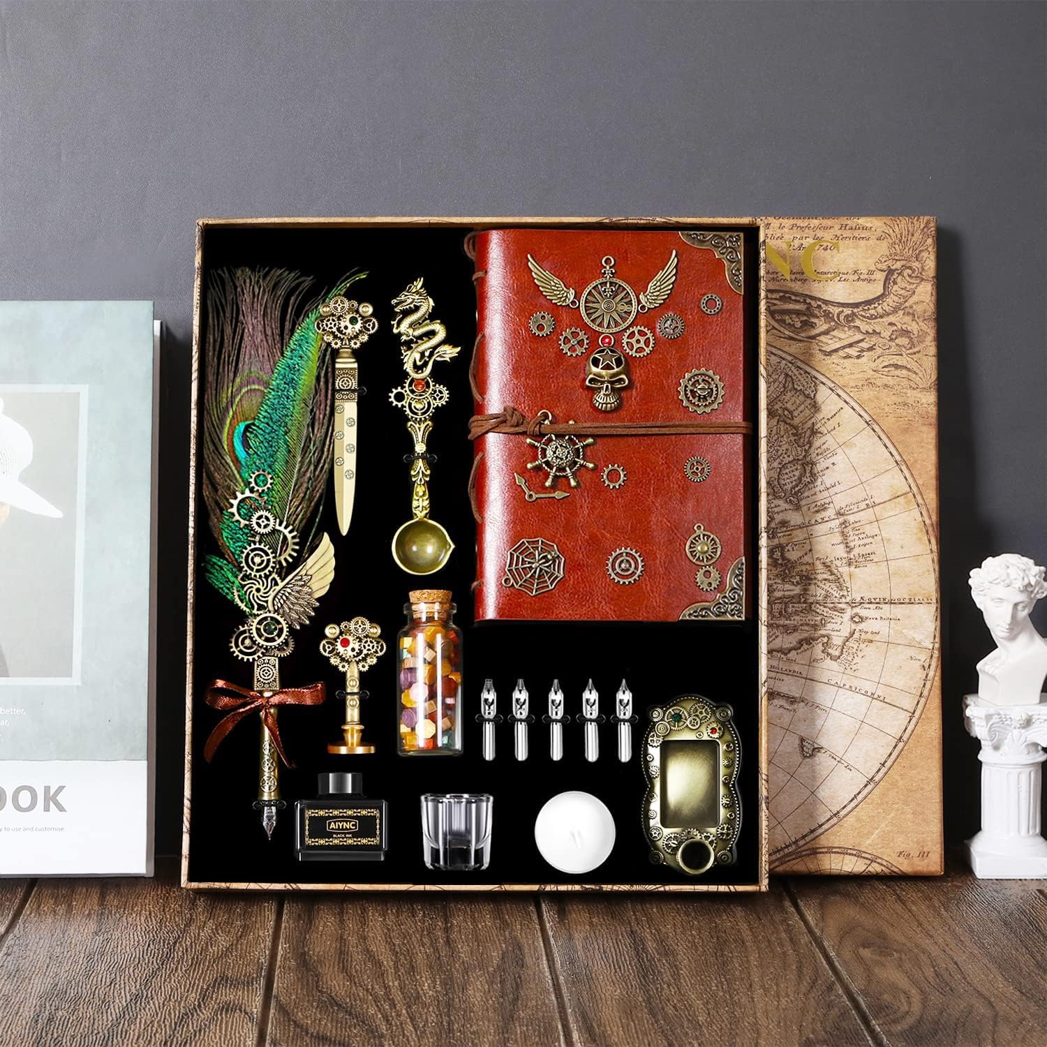 Lot de stylos à plume avec kit de tampon de cire pour ordinateur portable, kit de calligraphie, cadeau de calligraphie idéal pour les vacances (plume de paon)