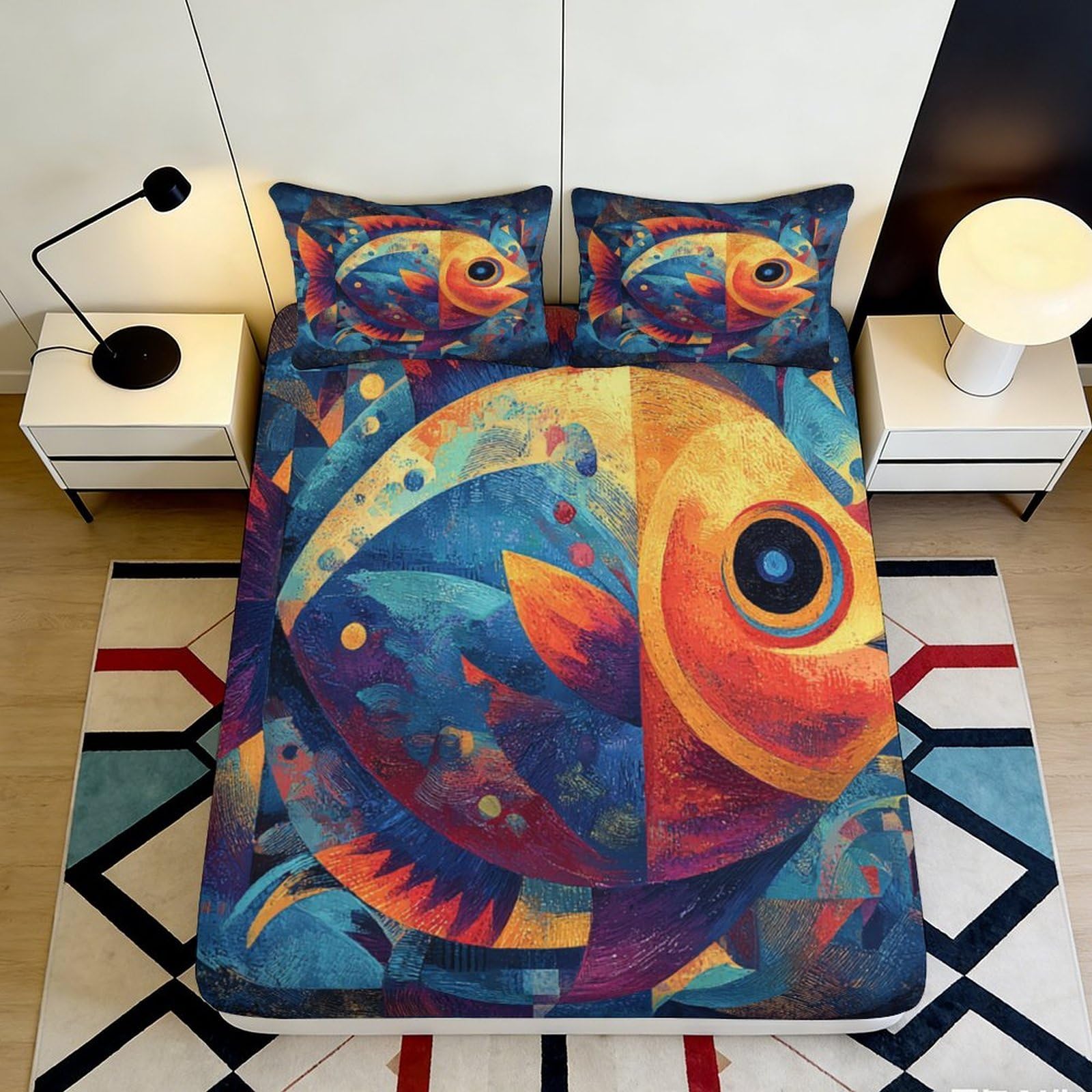 Vibrant home decor 3D Printed Fitted Sheet fish pattern Microfiber soft touch for guest room bedding, wrinkle resistant, easy care, stylish accent 90x200x25cm