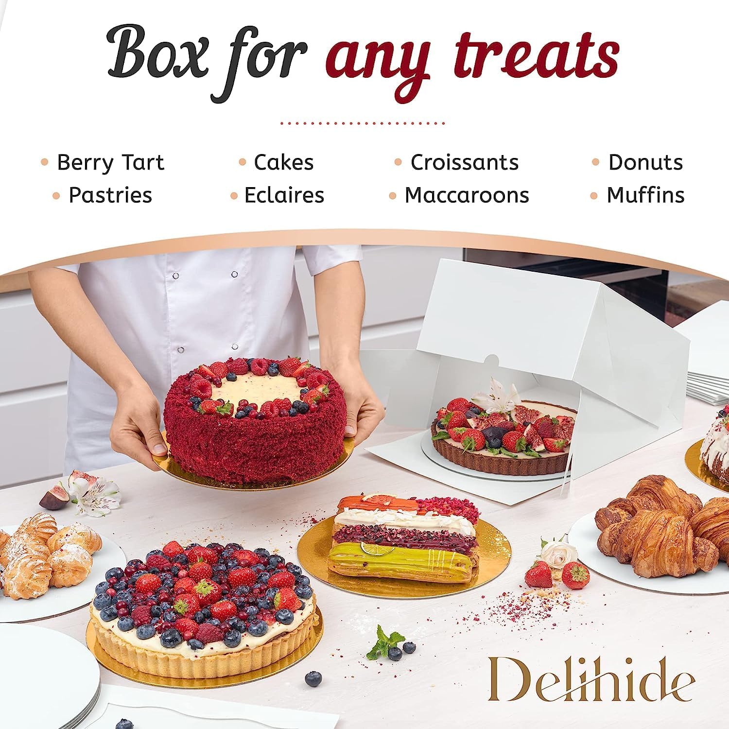 Premium Cake Boxes with Cake Boards Set - 12 Front-Loading Sturdy