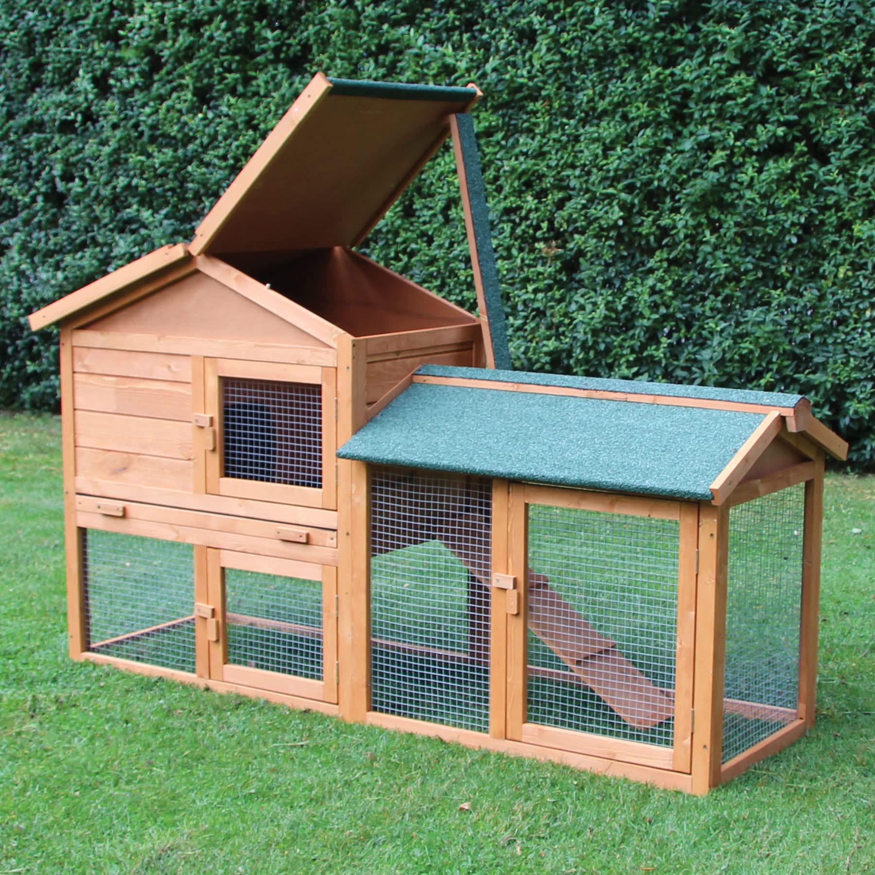 NYVI Hasenstall mit Auslauf - XXL Kleintierstall mit Gehege - Kunststoffschublade - Einfach zu Reinigen - Einfache Montage - Outdoor Kaninchenstall 146x86x52cm Naturbraun