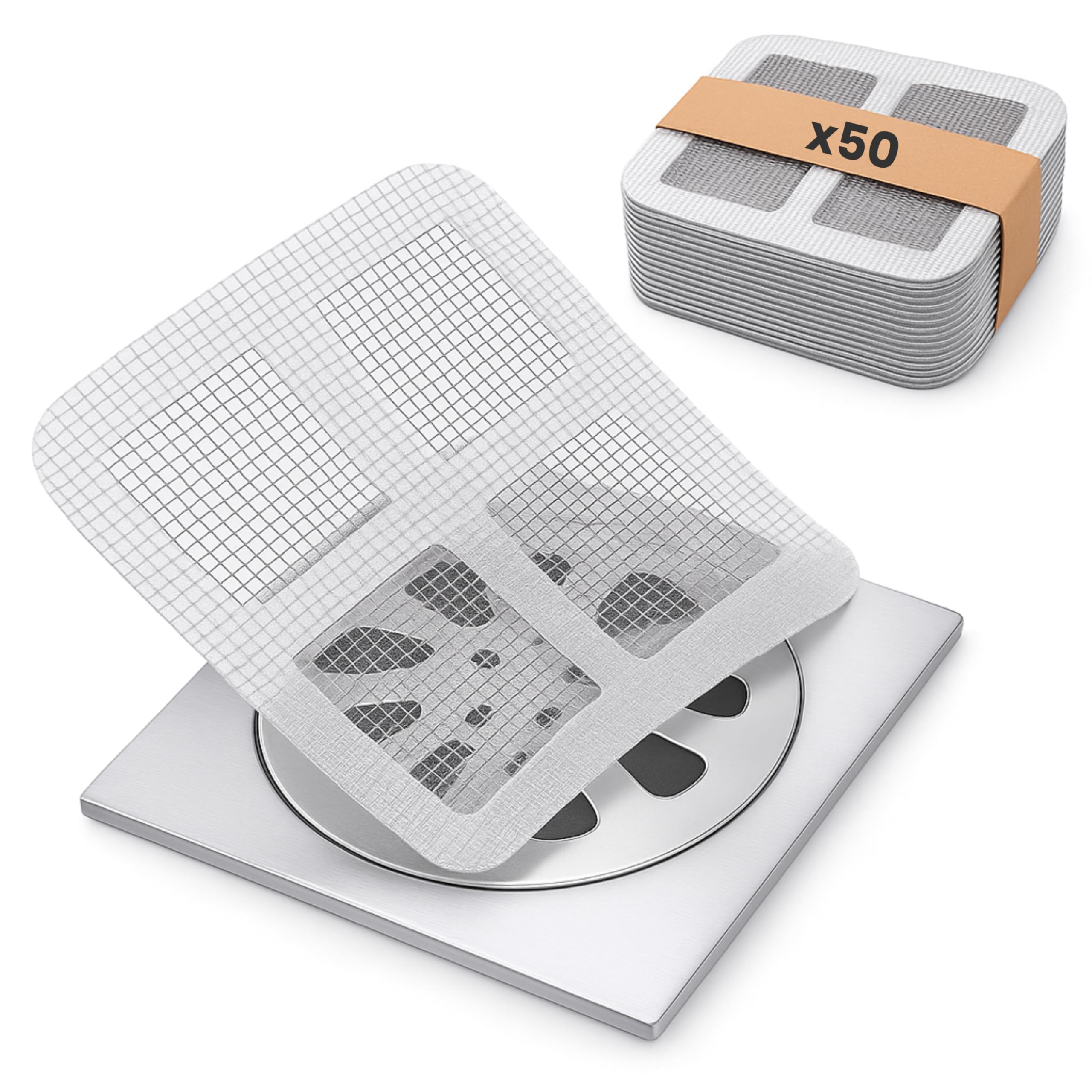 Rejilla Desague Ducha (50 Piezas) | Atrapa Pelos Ducha Adhesivo 10x10 cm | Filtro Desague Ducha Antipelos Desechable | Evita Atascos en Baño