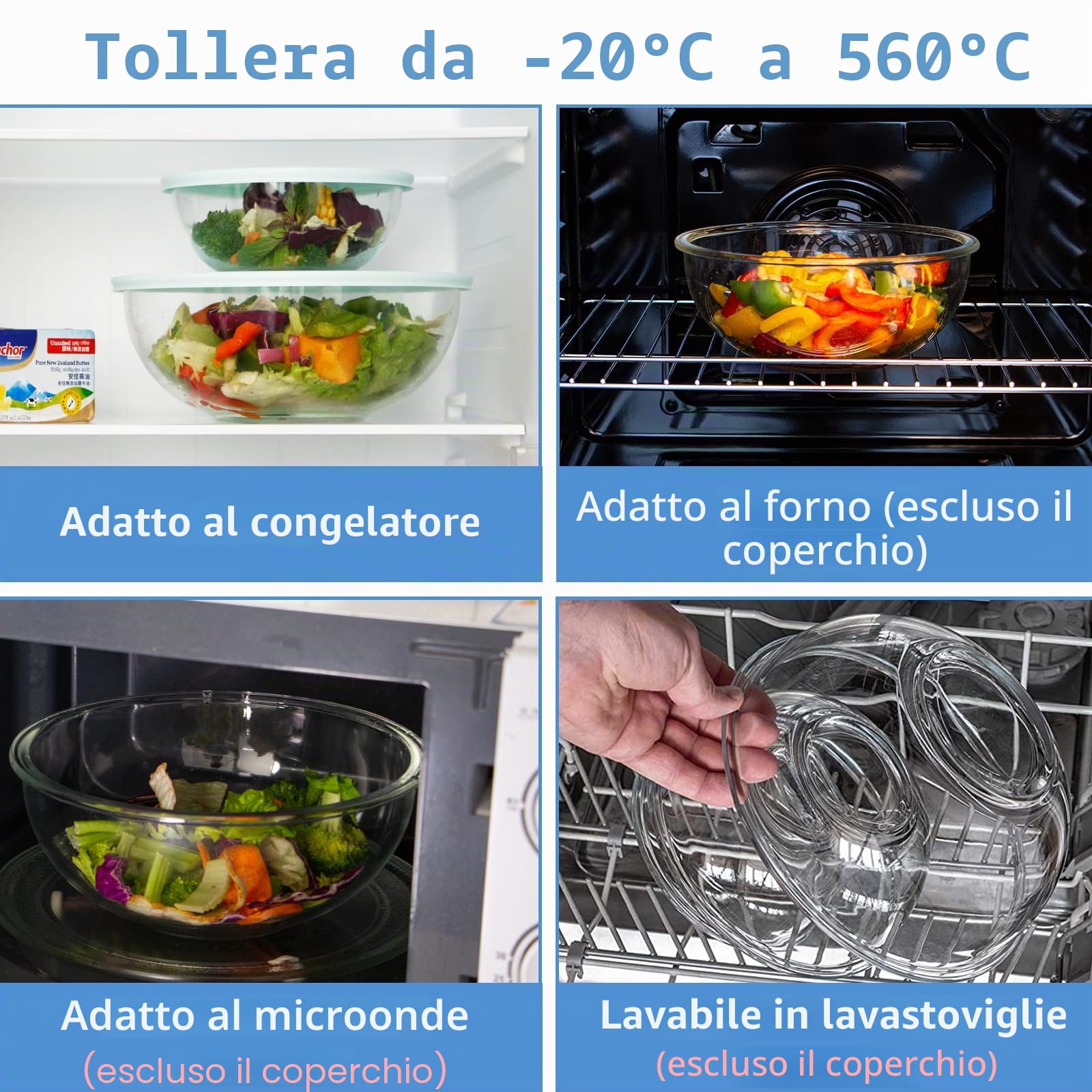 WhiteRhino Set di 4 ciotole in vetro con coperchi, resistenti al calore (3,5L, 2L, 1L, 0,5L), insalatiere trasparenti con coperchi senza BAP per cucina, forno a microonde e lavastoviglie