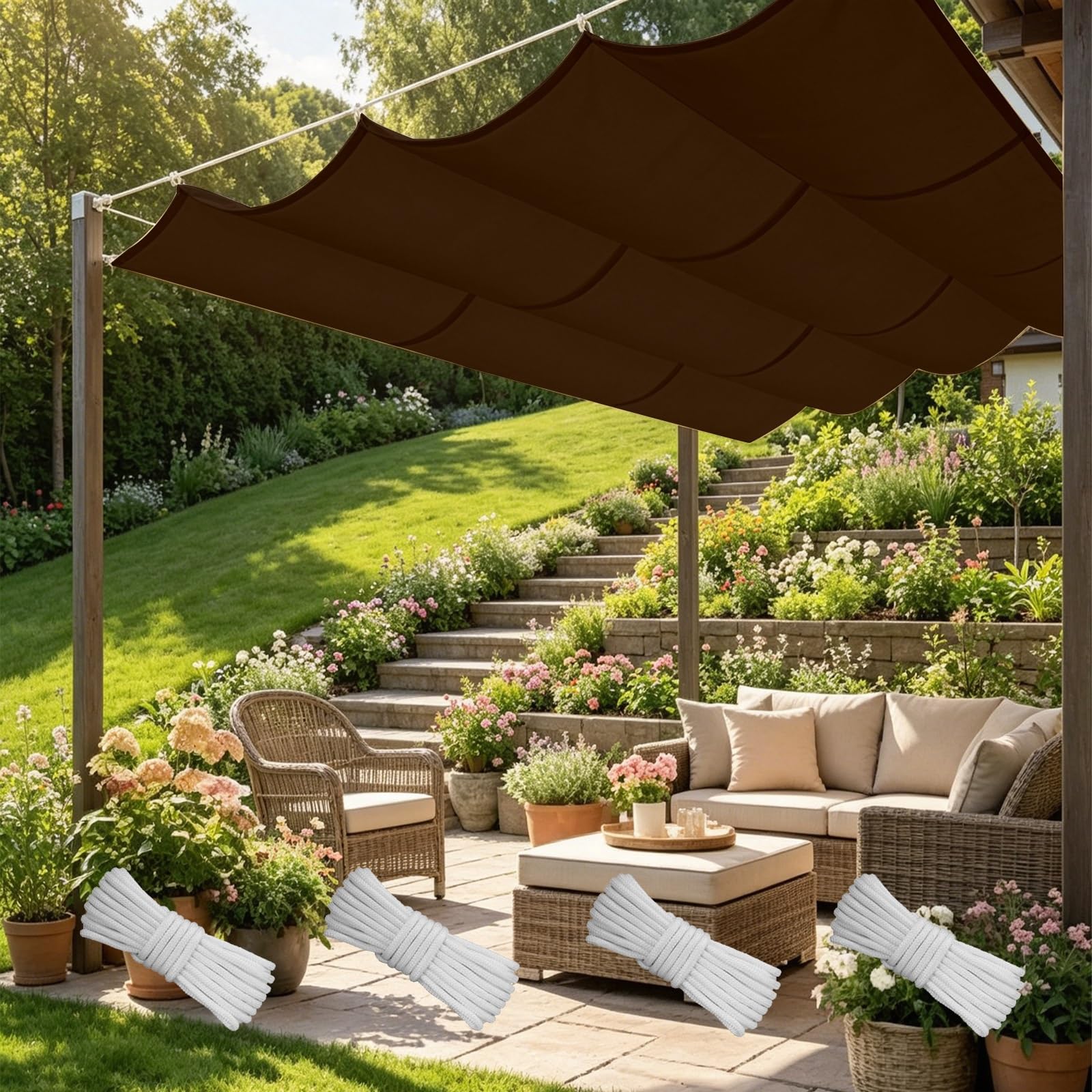 Voile ombrage vague rétractable pour patio et jardin : protégez votre espace repas du soleil
