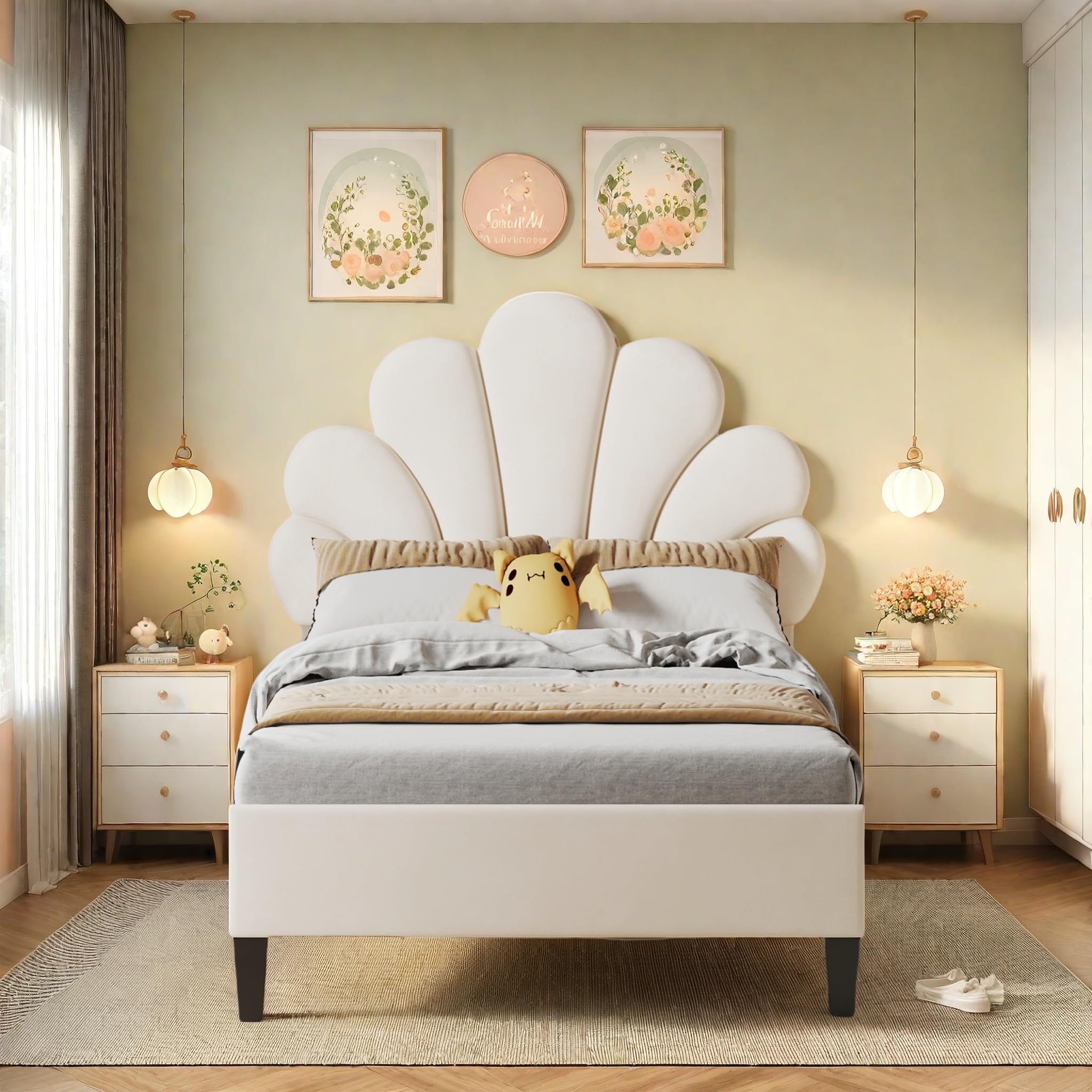 Lit Simple Rembourré 90x200, Lit Enfant Fille avec Tête de Lits Réglable en Hauteur en Forme De Pétale, Sommier à Lattes, Lits 1 Personnes pour Fille Adolescent, Velours, Beige
